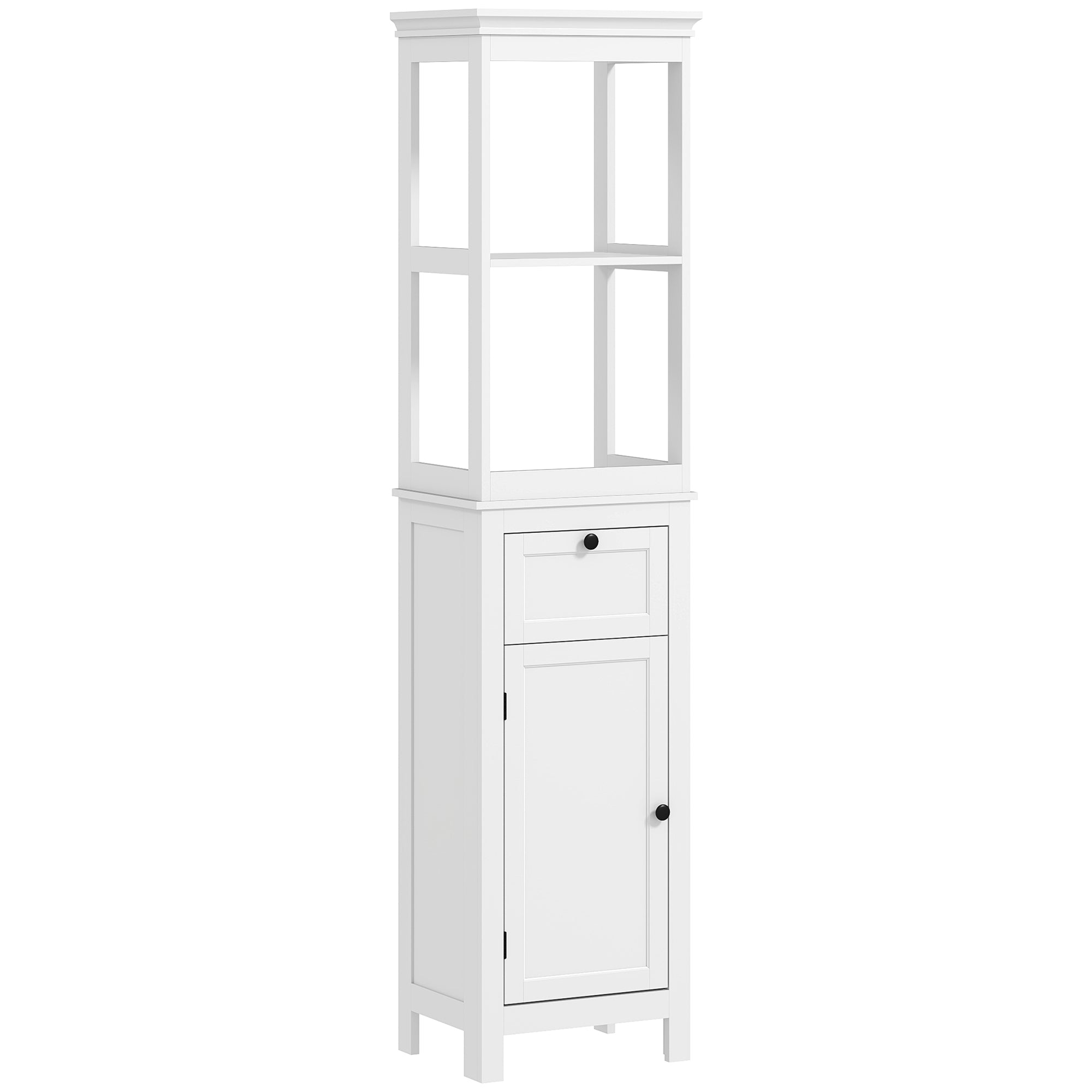 Tall Bathroom Cabinet, Slim Bathroom Storage Cabinet with 2 Open Shelves, Soft Close Door and Drawer, Adjustable Shelf, Narrow Cupboard Storage Unit, White