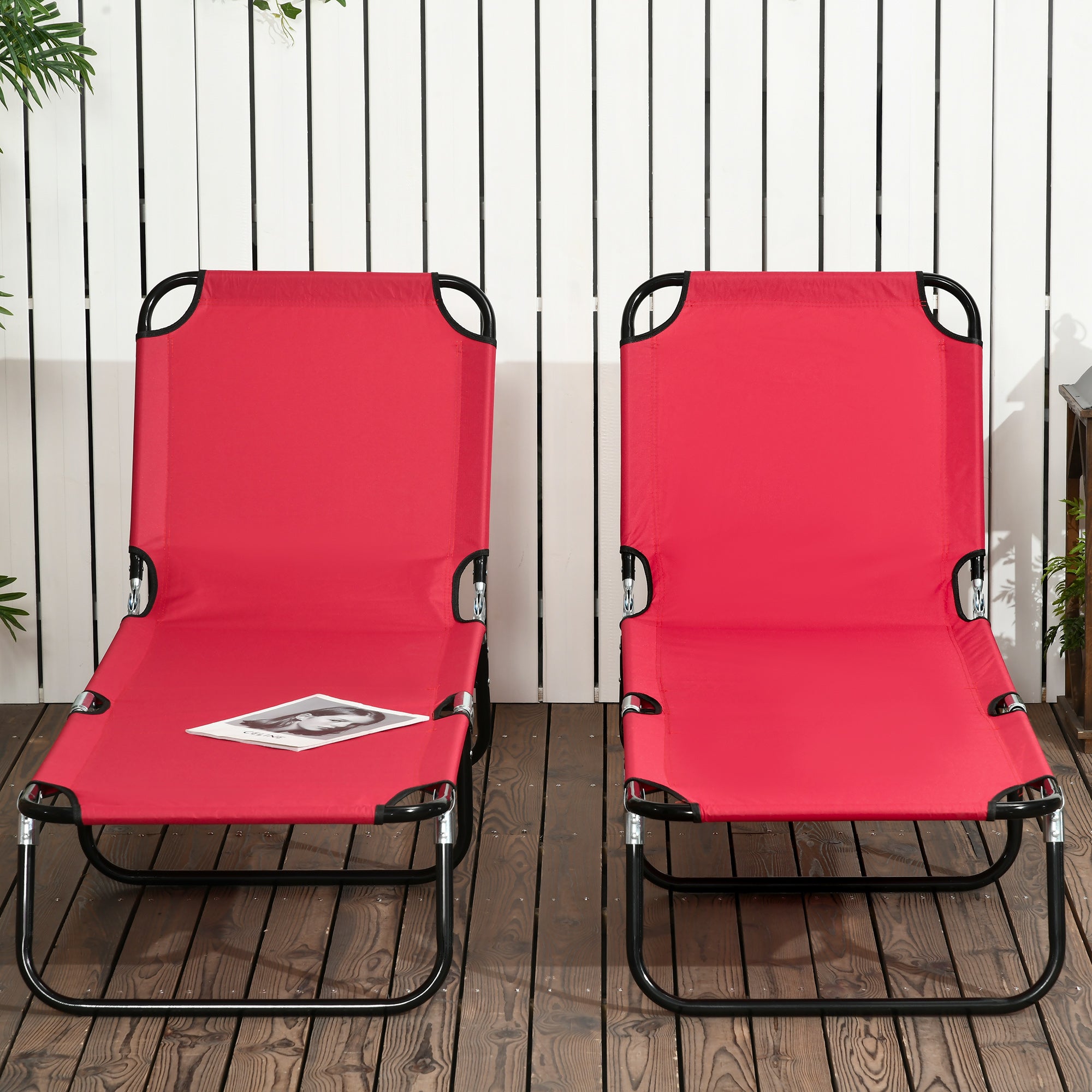 Set of 2 Folding Outdoor Sun Loungers with 5-Position Adjustable Backrest - Wine Red