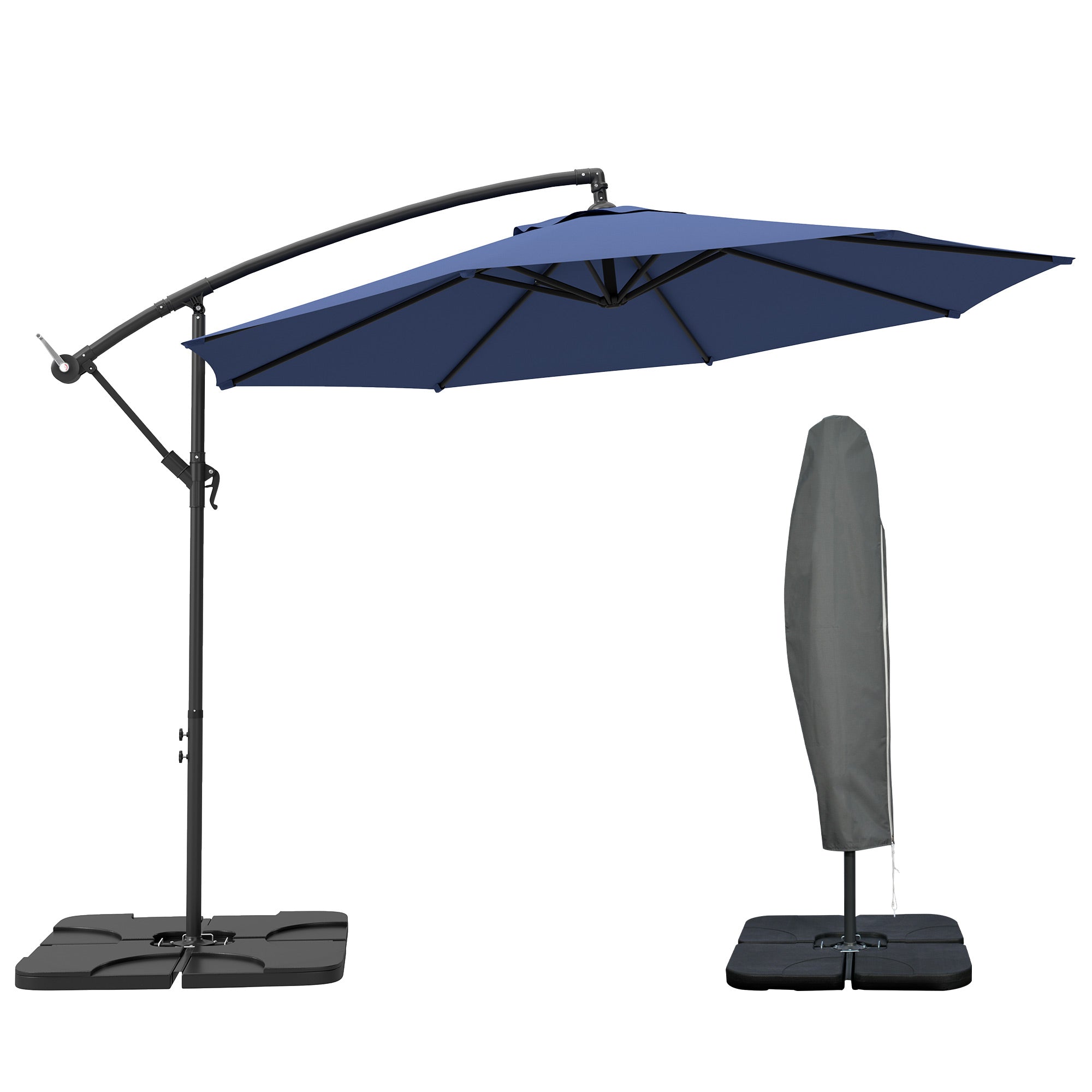 3m Overhanging Parasol, with Base, Weights and Cover - Blue