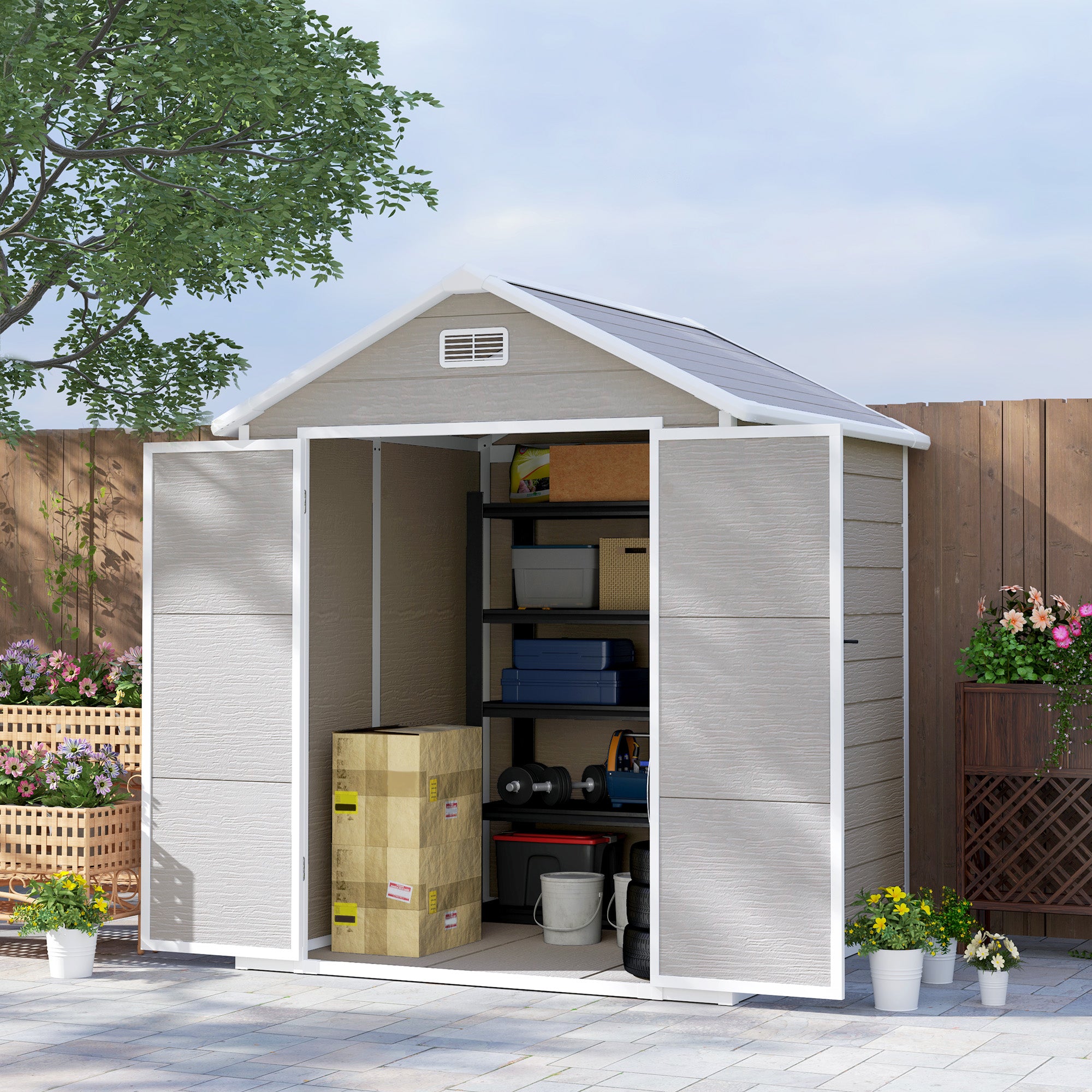 6 x 5ft Garden Shed, Plastic Shed with Floor, Window, Lockable Doors and Vents, Wood Effect Resin Tool Shed for Outdoor Patio, Dark Grey