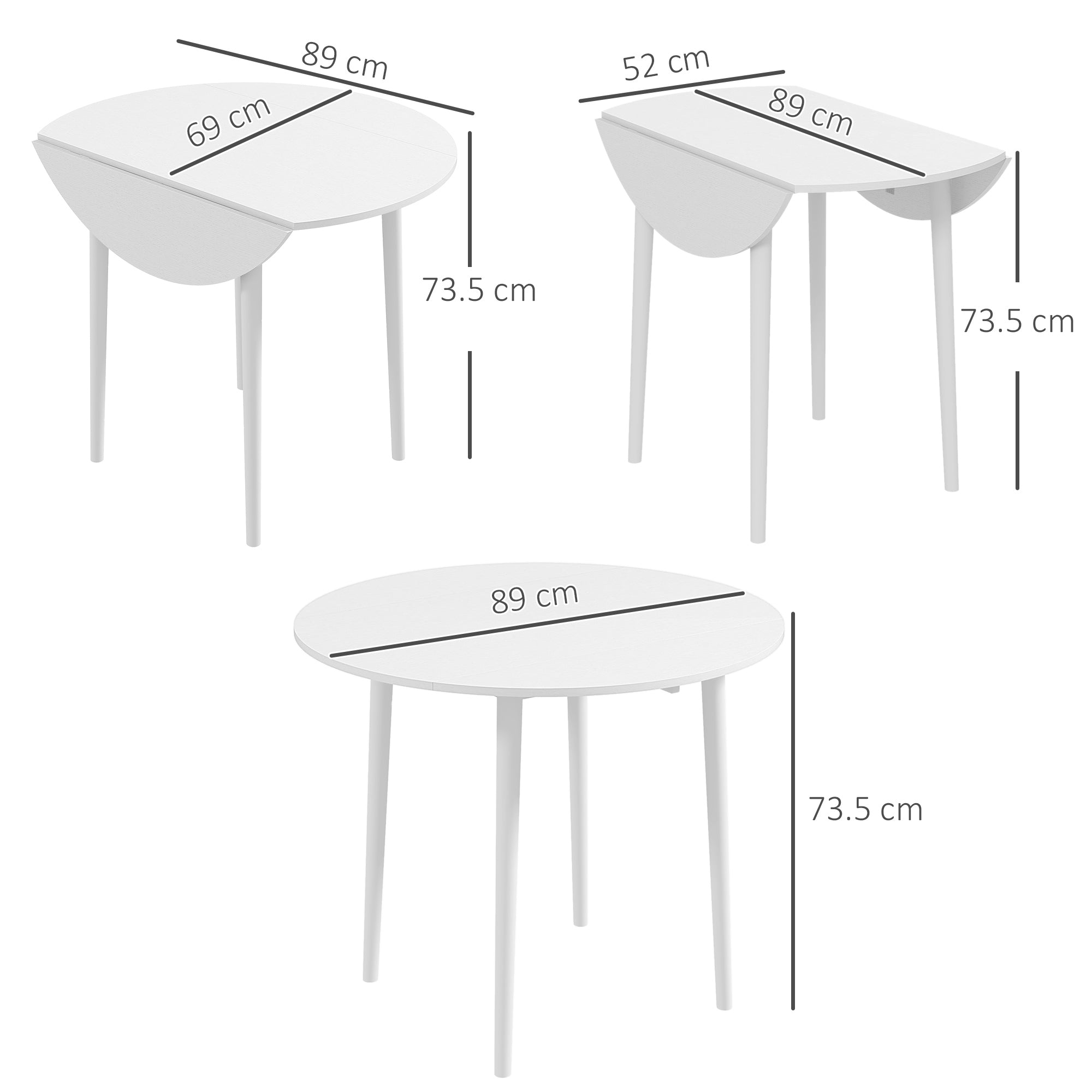 Folding Dining Table for 4, Round Drop Leaf Table, Modern Space Saving Small Kitchen Table with Wood Legs for Dining Room, White