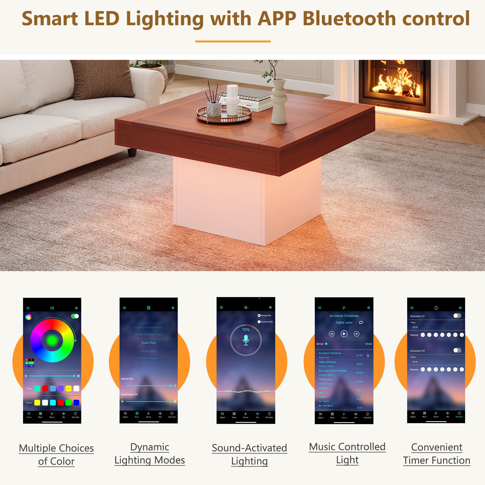 Square Coffee Table with LED Lights, Rustic Industrial Design, Particle Board, 70L x 70W x 40H cm, Brown+White