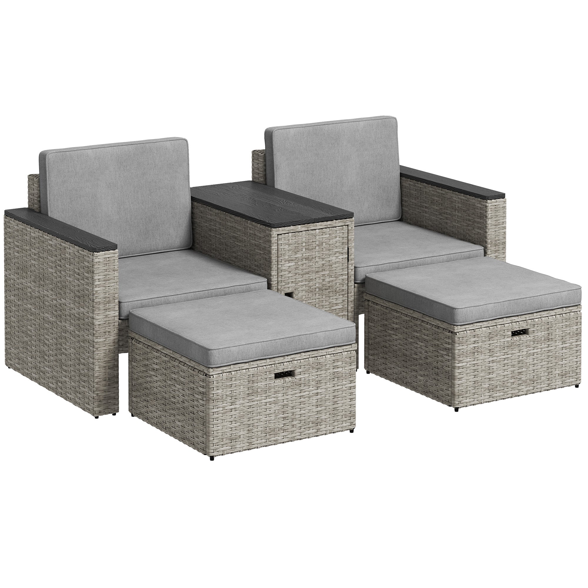 5 Piece Rattan Garden Furniture Set, Nesting Outdoor Furniture Conversation Set with 2 Footstools, WPC Storage Coffee Table and Cushions, Wicker Garden Sofa for Conservatory, Terrace, Grey