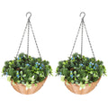 Pack of 2 Faux Plant Artificial Lisianthus Flowers, Hanging Planters with Basket, PE Leaves, 18 Flowers and 3 Pinecones, Decorative Faux Plants for Home Office Decor, Green