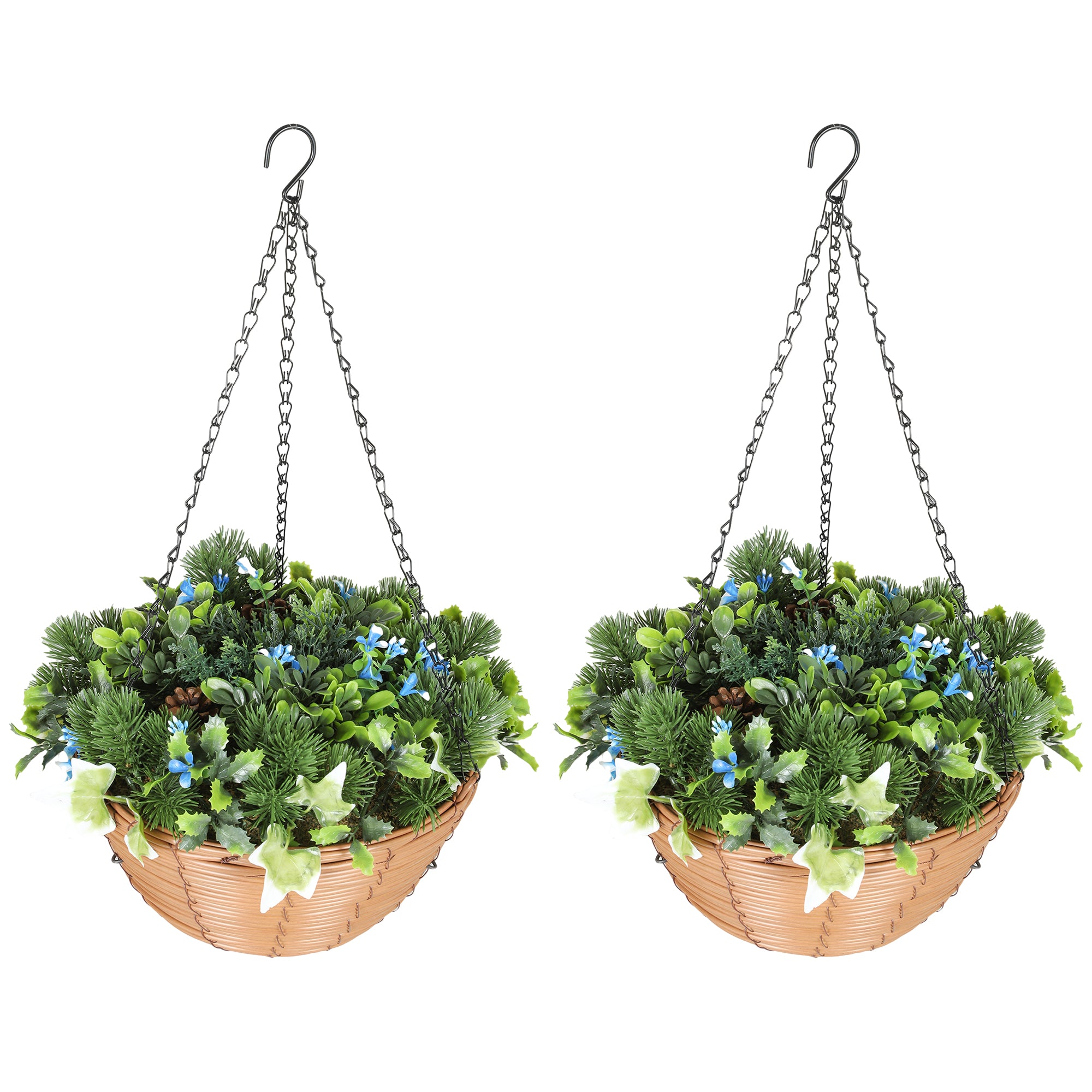 Pack of 2 Faux Plant Artificial Lisianthus Flowers, Hanging Planters with Basket, PE Leaves, 18 Flowers and 3 Pinecones, Decorative Faux Plants for Home Office Decor, Green