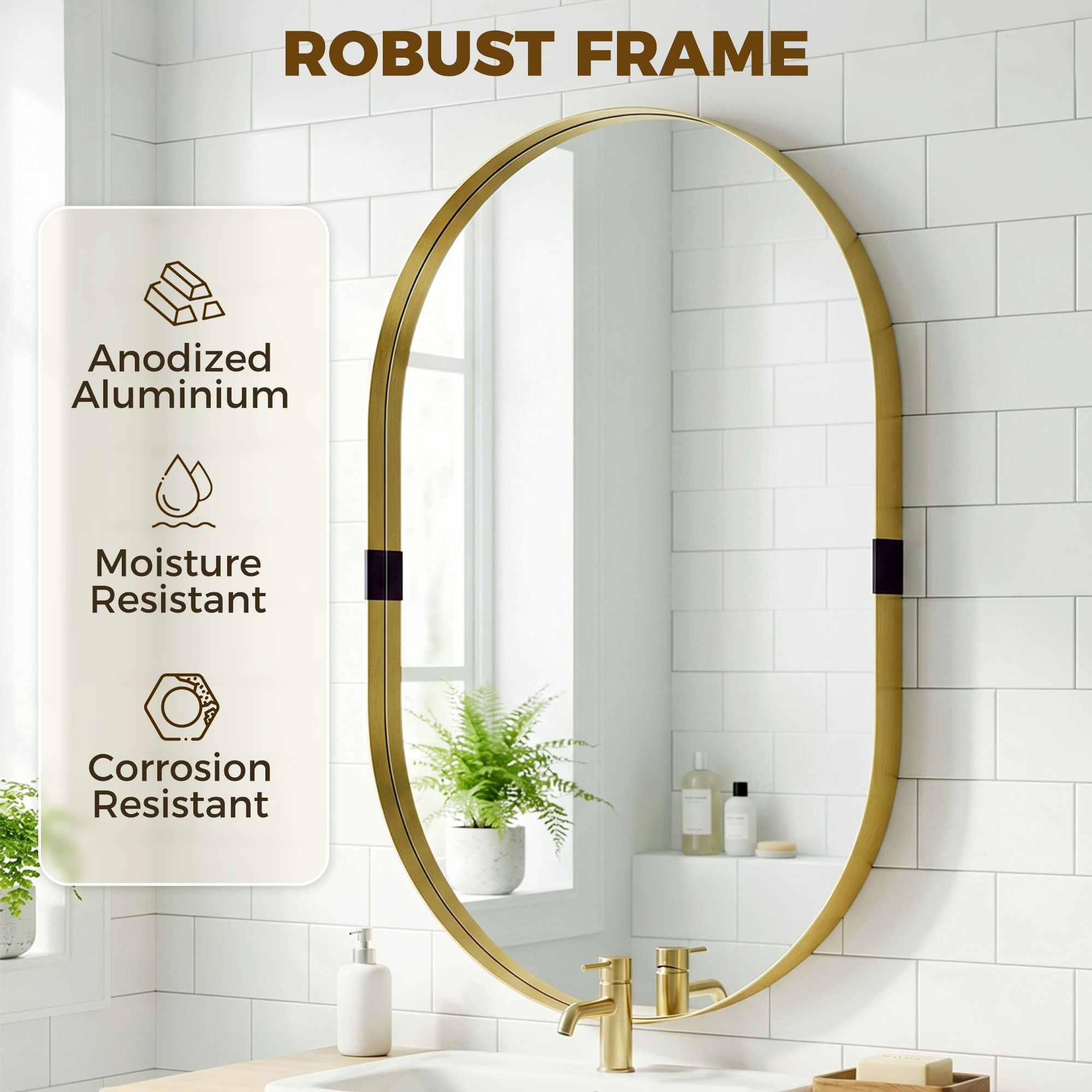 Wall Mirror, Bathroom Mirror with Elevated Aluminium Alloy Frame, 60 x 90 cm, Gold Tone