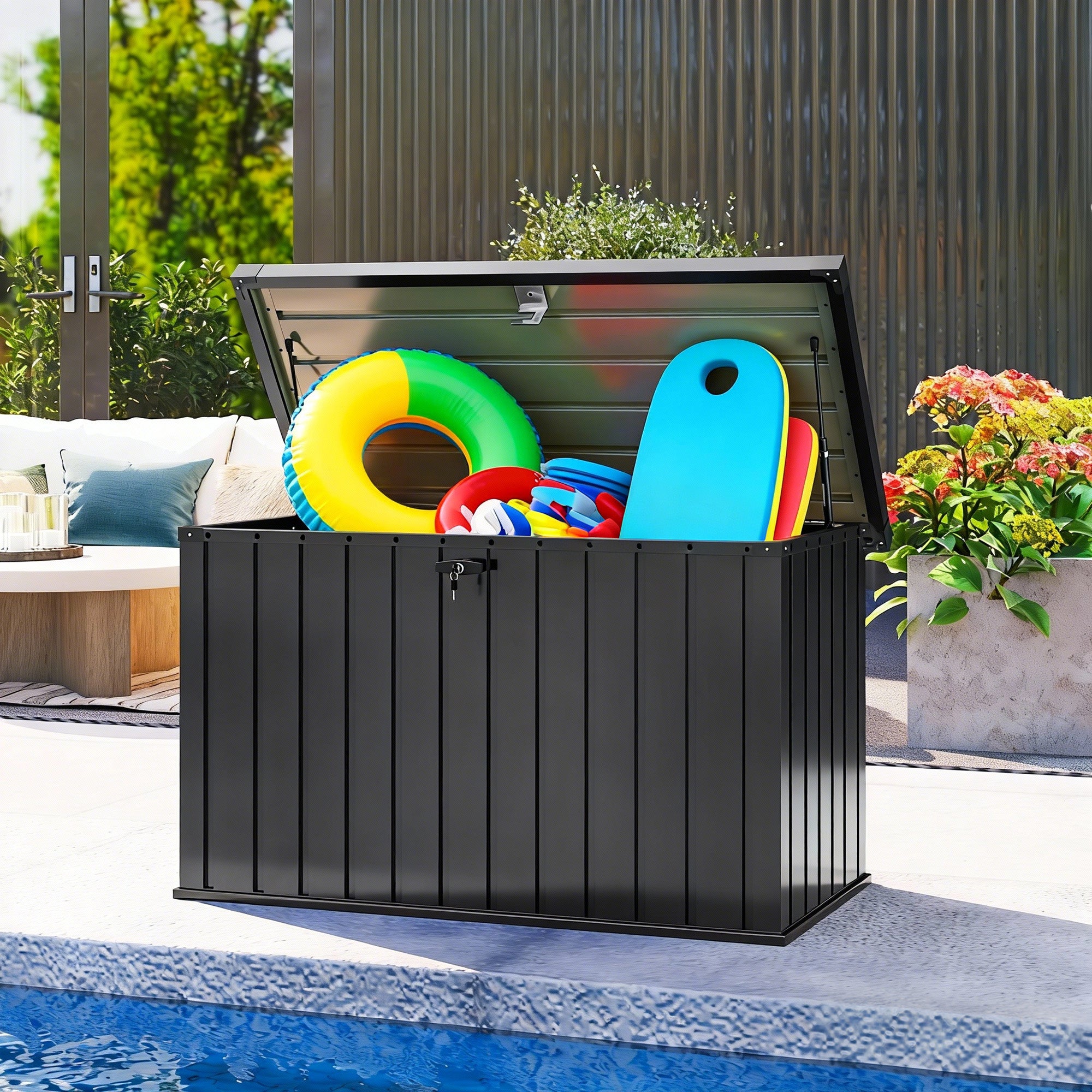 400L Galvanised Steel Garden Storage Box, Black