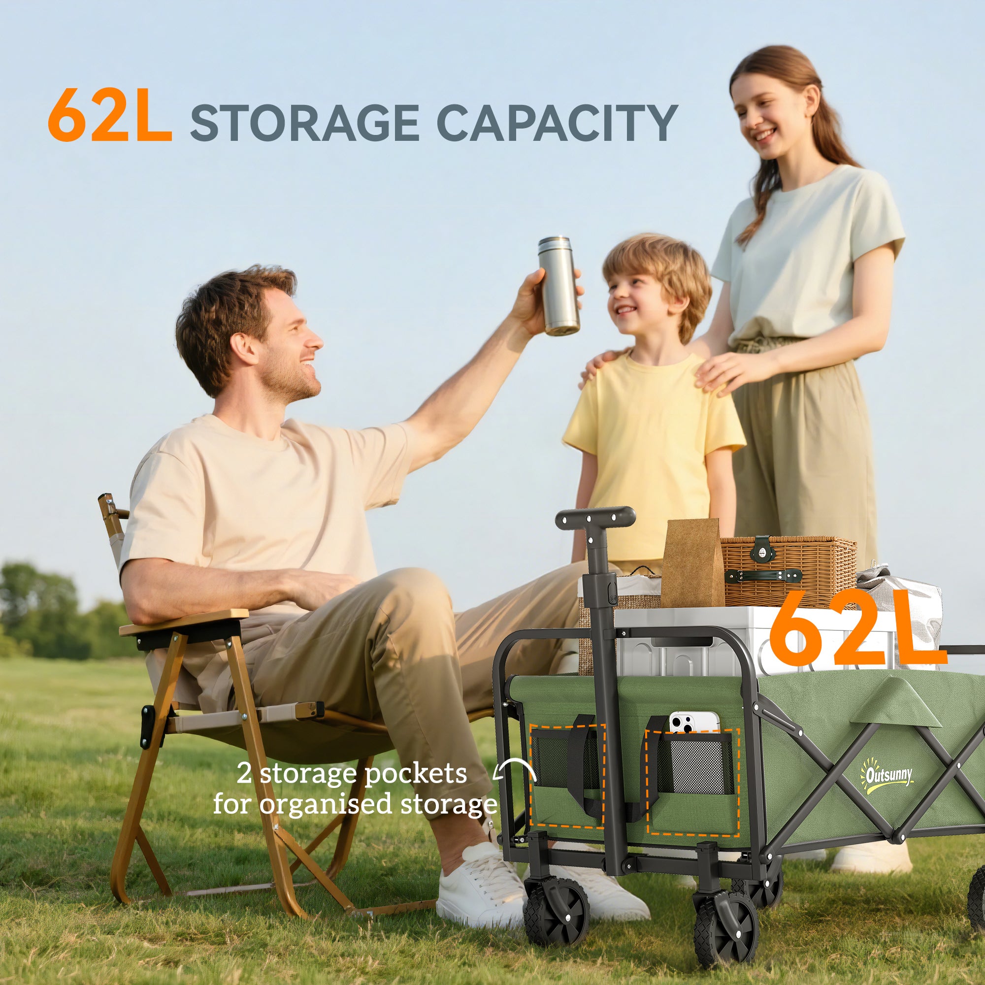 93L Festival Trolley on Wheels, Garden Folding Trolley Cart, 120kg Heavy Duty Collapsible Folding Wagon with Adjustable Handle and Carrying Bag for Beach, Camping, Festival, Green
