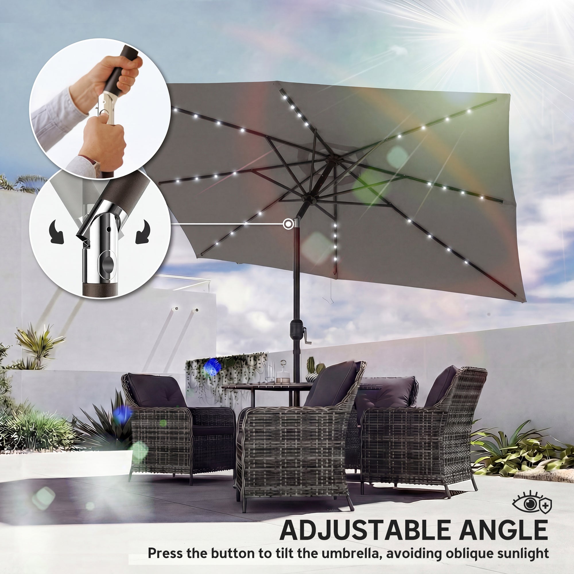 3 x 2 m Garden Parasol Umbrella with LED Solar Light, Parasol Cover, Outdoor Market Patio Umbrella, Dark Grey