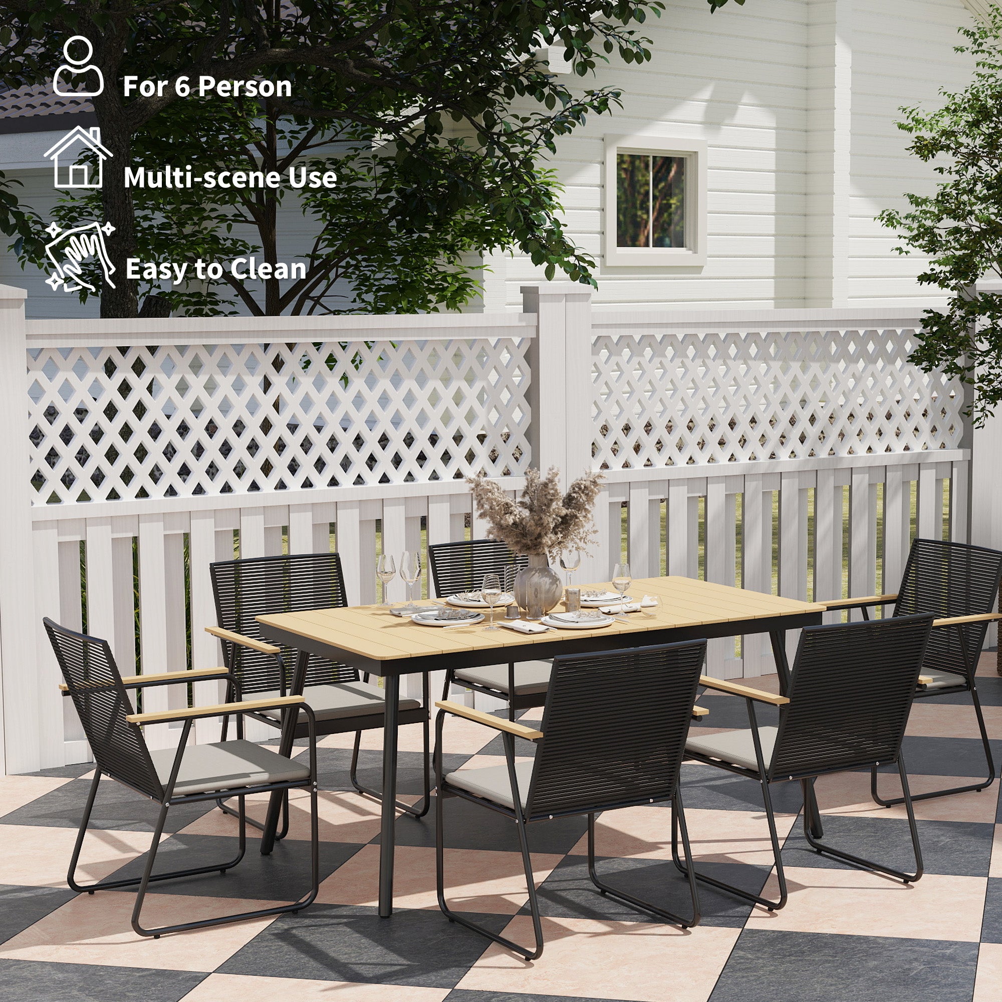 6 Seater Garden Dining Set with Cushions and Weatherproof Table - Nature Wood Finish