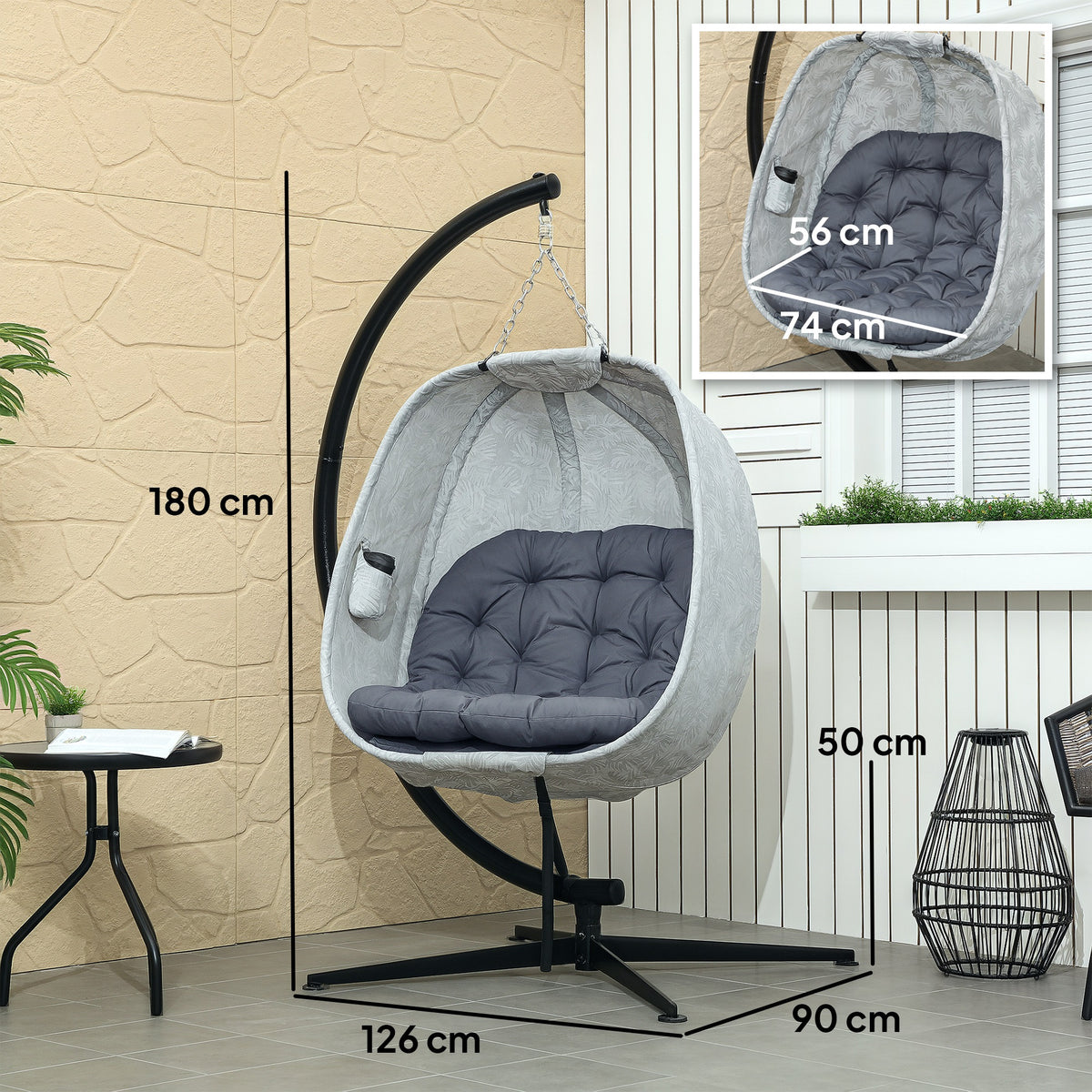 Hanging Egg Chair with Stand and Thick Cushion - Grey