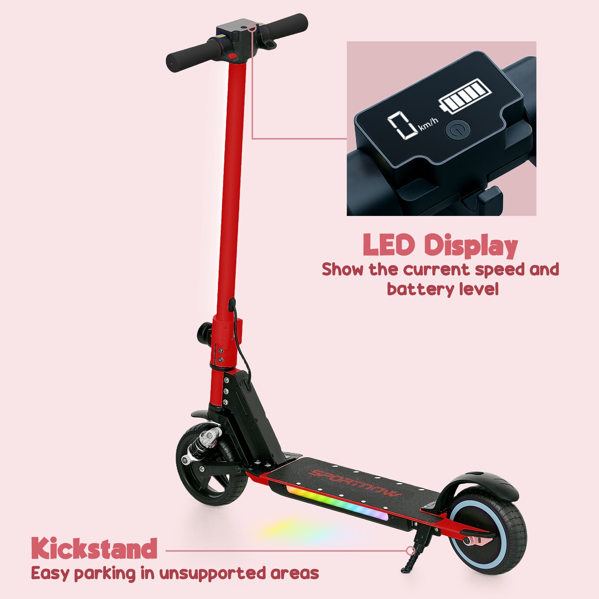 Folding Electric Scooter for Kids 6-14 with Dual Brakes, Front Suspension, LED Lights & Display - Red