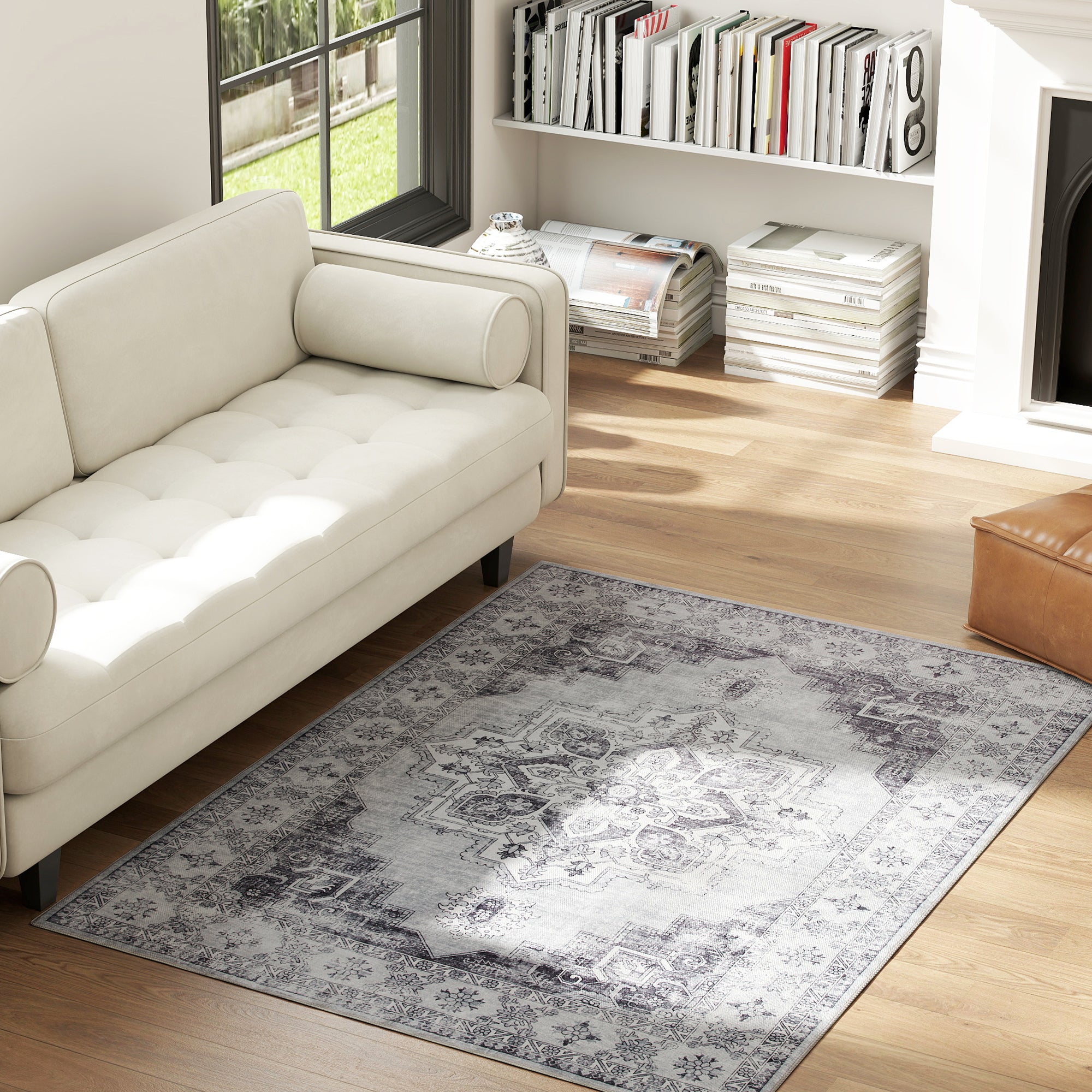 Vintage Area Rug, Non-Slip Washable Rug, Flannel Floor Carpet for Living Room, Bedroom, Dining Room, Home Office, 170 x 120 cm, Grey