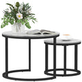 Round Nesting Glass Coffee Table Set of 2 with Marble-Effect Tempered Glass and Steel Frame - White