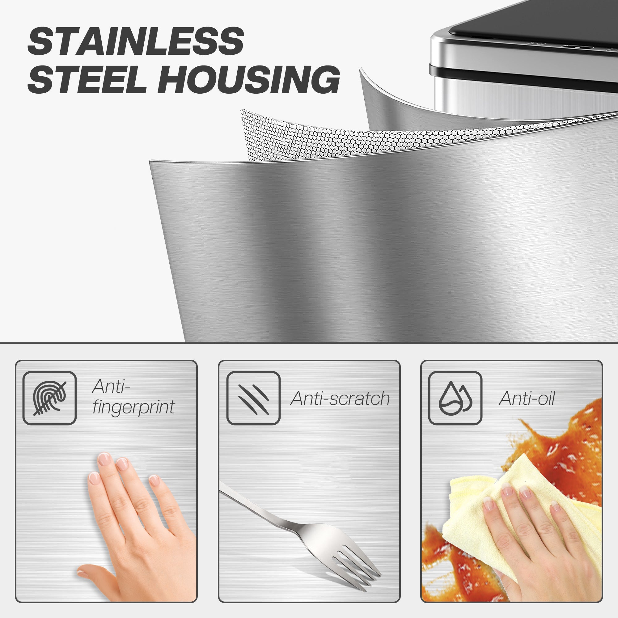 50L Sensor Bin with Soft-Close Lid, Stainless Steel Automatic Touchless Motion Sensor Kitchen Bin, Silver Tone