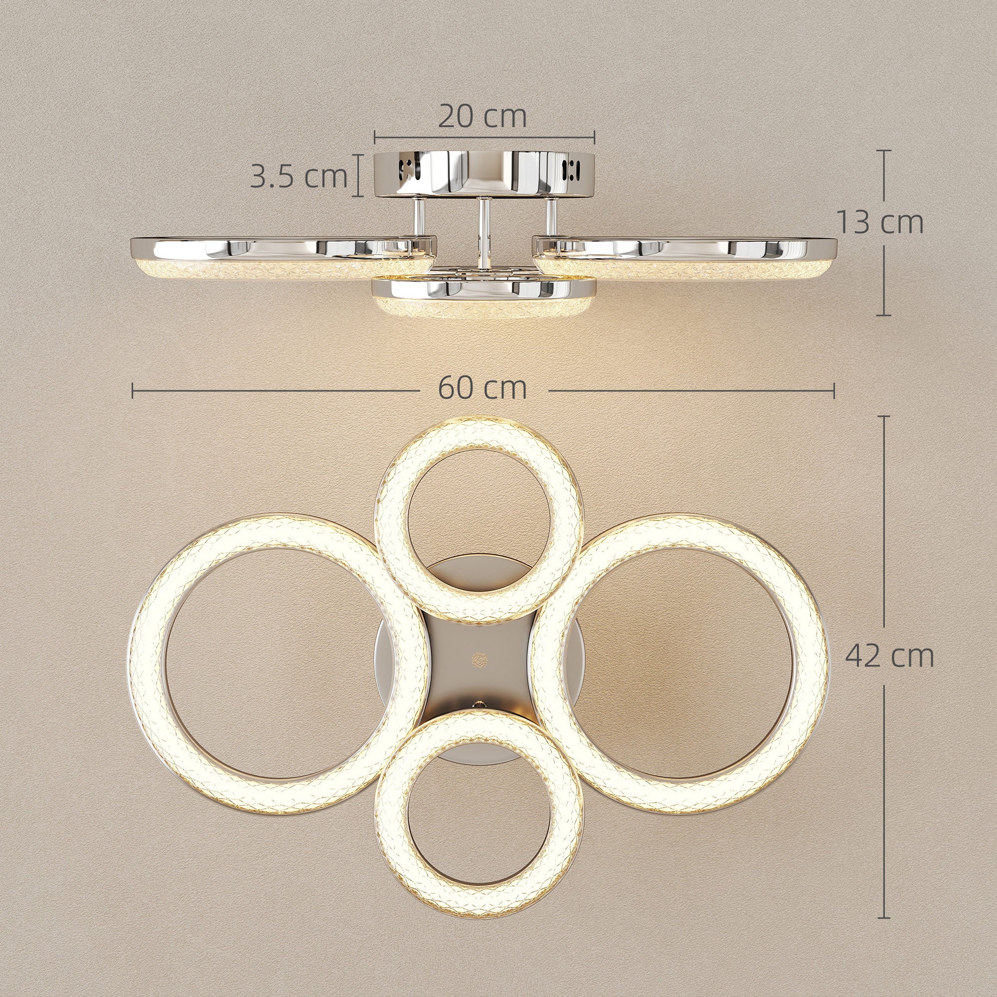 LED Ceiling Light, Modern Dimmable 4 Rings Ceiling Lamp with Wall Switch, 40W 4350lm Flush Mount Ceiling Light with 3500K/4500K/6000K Colour Temperatures for Living Room, Bedroom, Silver Tone