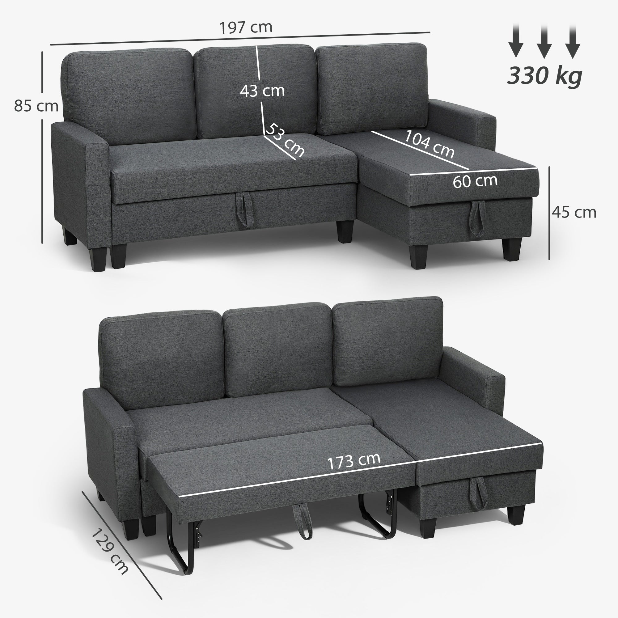 Three-Seater Storage Sofa Bed - Charcoal Grey