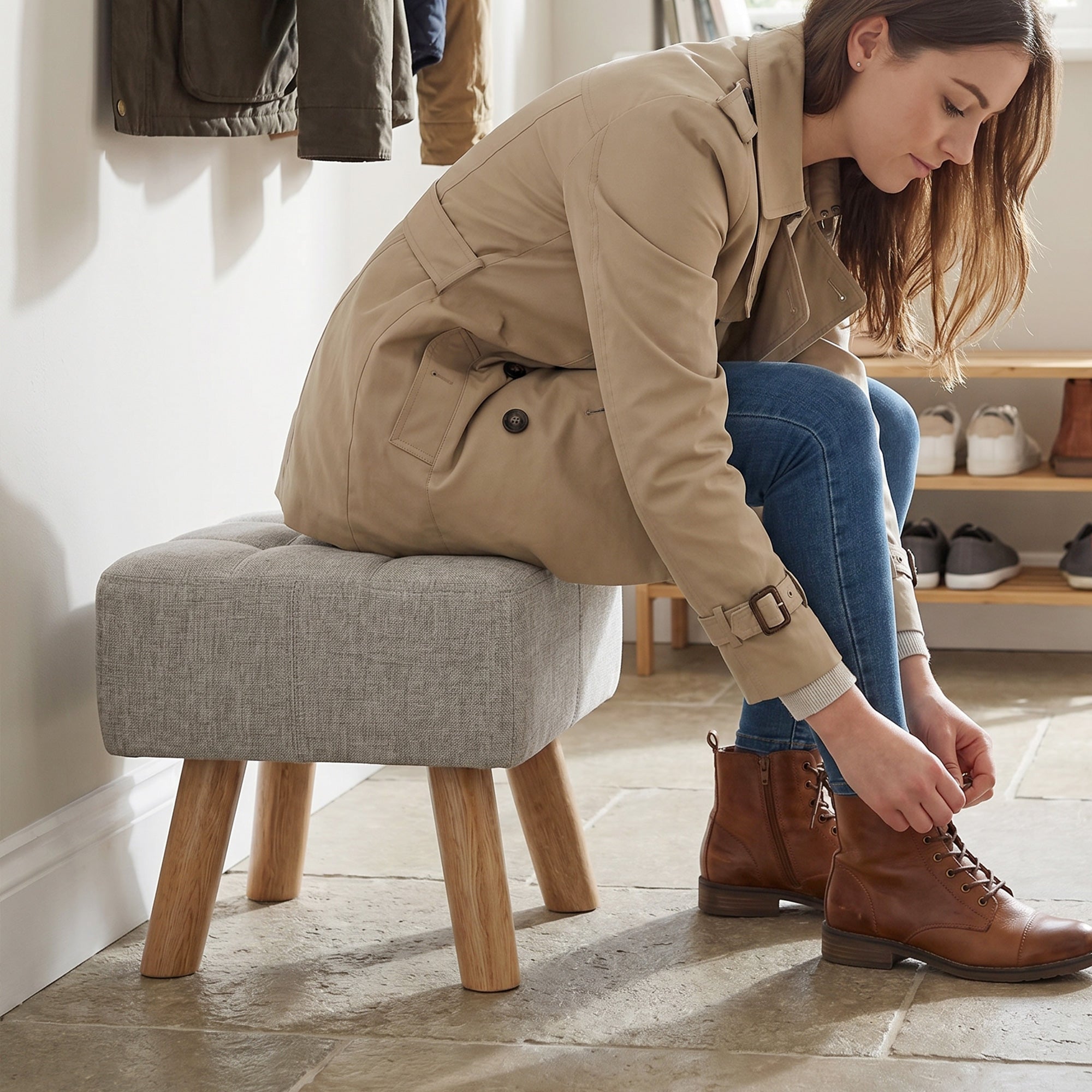 Linen-Look Square Padded Footstool - Light Brown