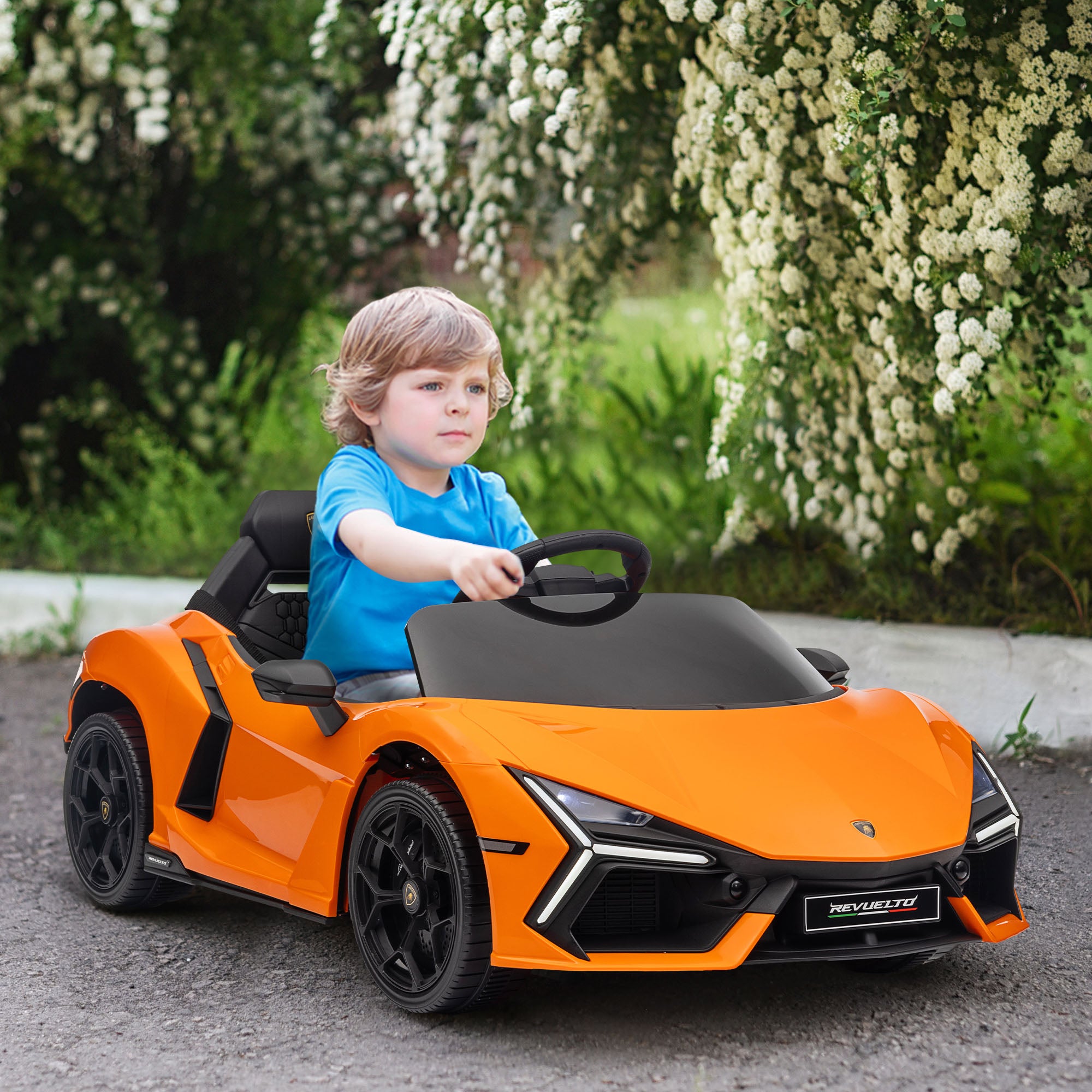 Lamborghini Revuelto Licensed 12V Ride on Car w/ Butterfly Doors, Transport Wheels, Suspension, Remote Control, Orange