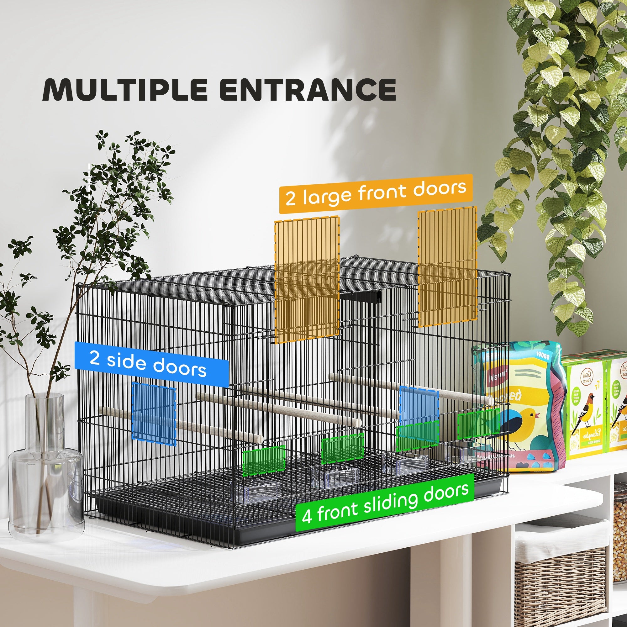 Bird Cage with Divider, 4 Perches & Feeders, Slide-Out Tray, 76x46x46cm for Budgie, Lovebird, Canary - Black