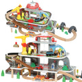 79 Piece Wooden Train Set, Kids Train Track Mine Themed with Crane, Helicopter