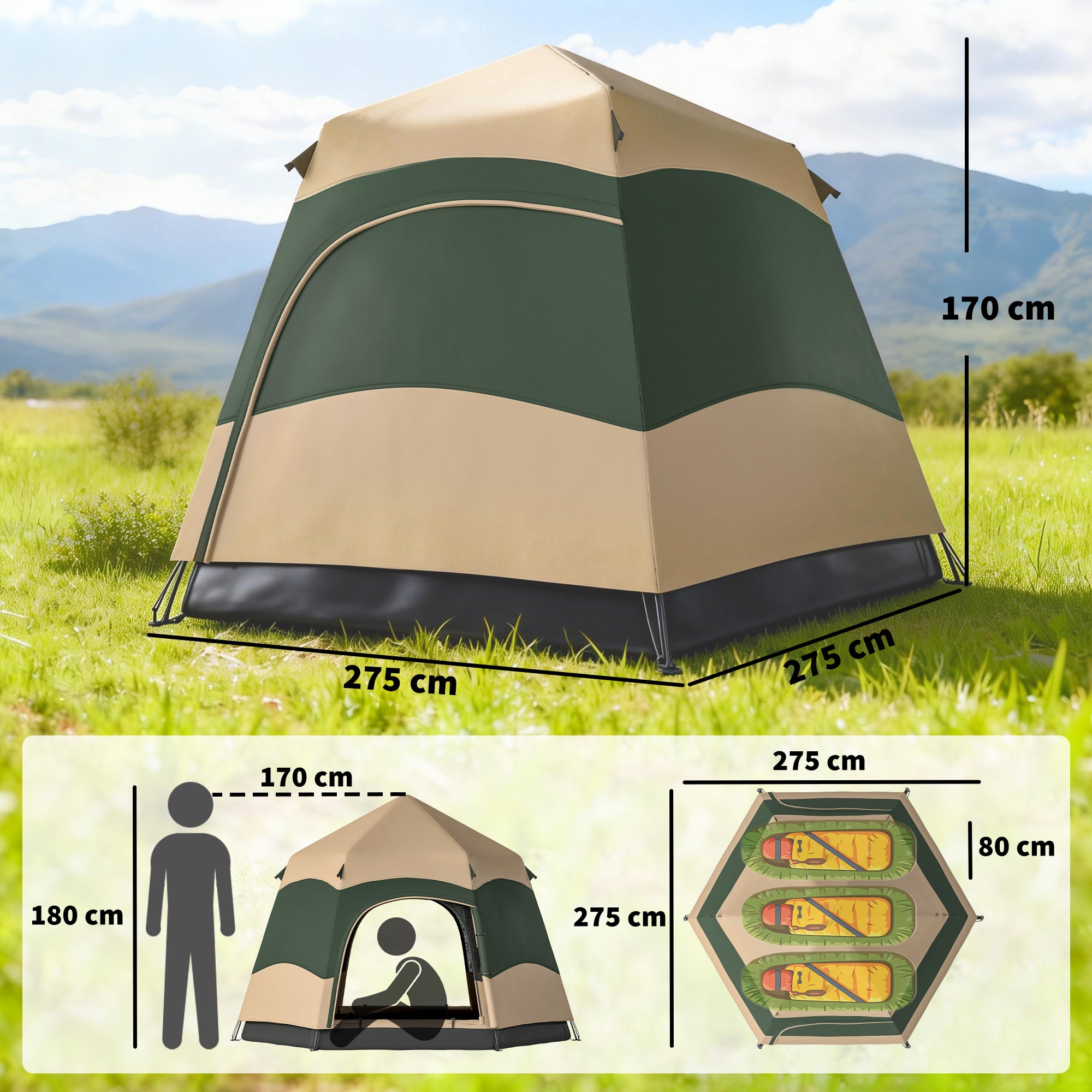 Double Layer Instant Pop Up Tent with Rainfly, Portable Camping Shelter with Sewn-in Groundsheet and Carry Bag, Khaki