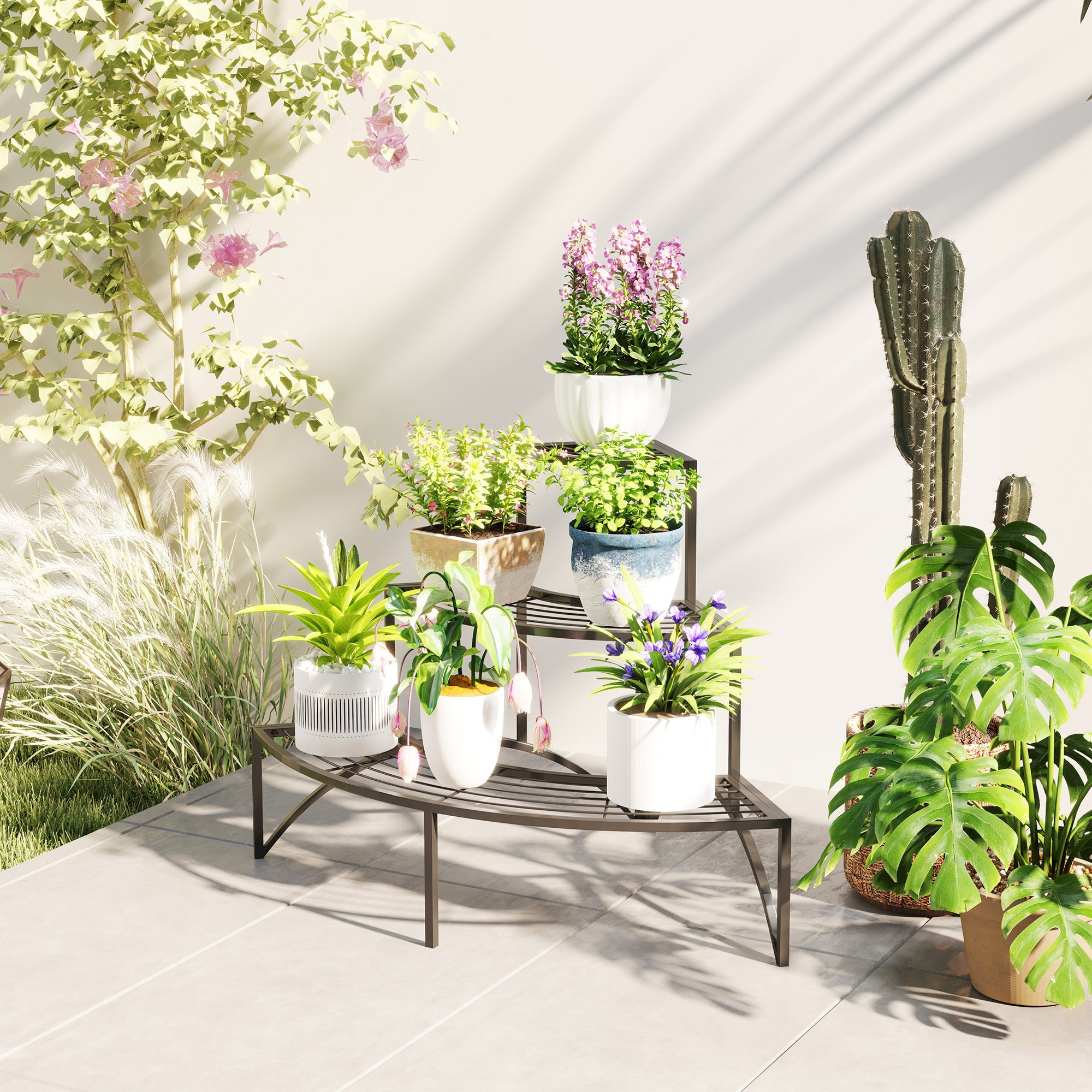 Three-Tier Corner Metal Plants Shelves - Black