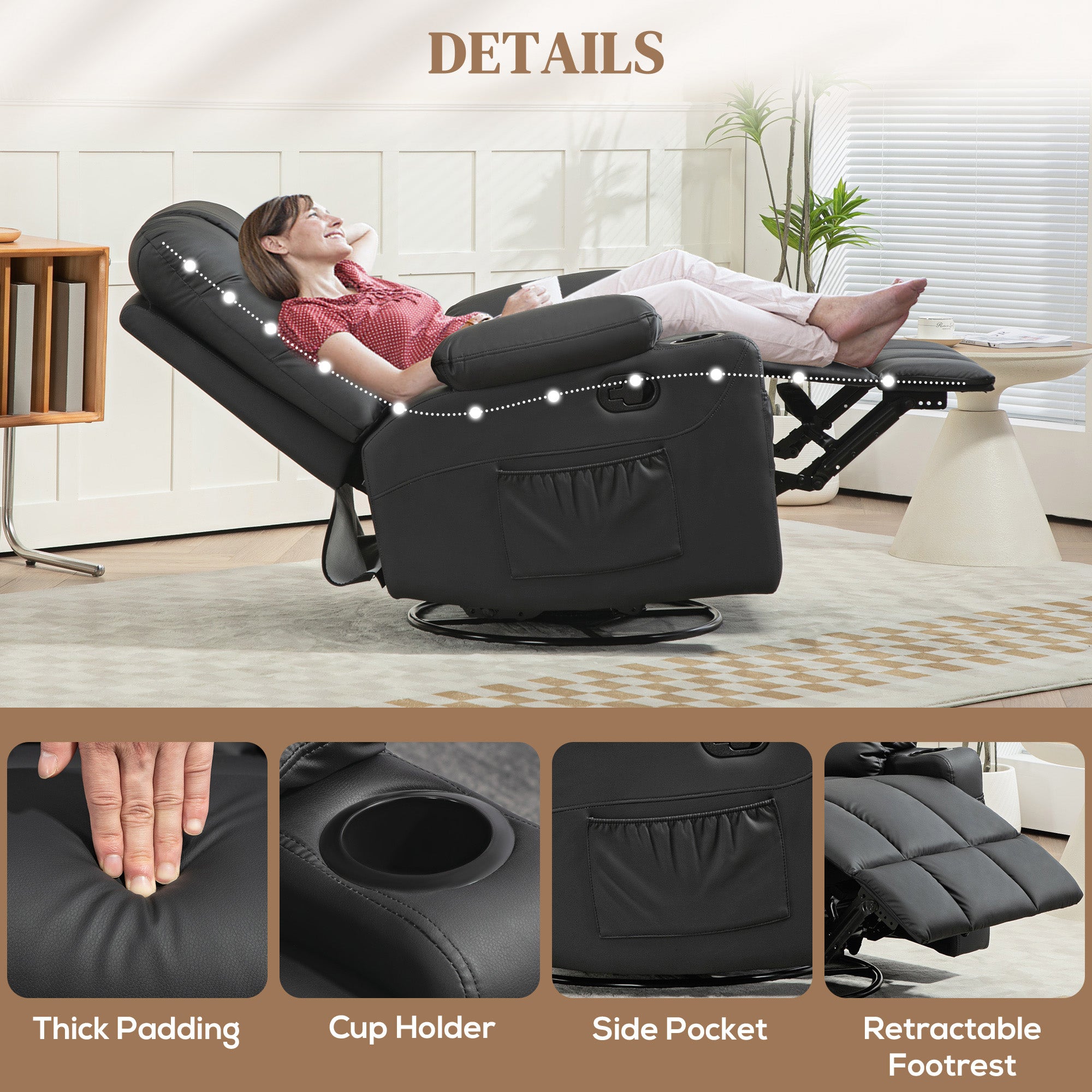 Manual Reclining Swivel Armchair with Footrest, Cup Holders, 86x93x102cm - Black