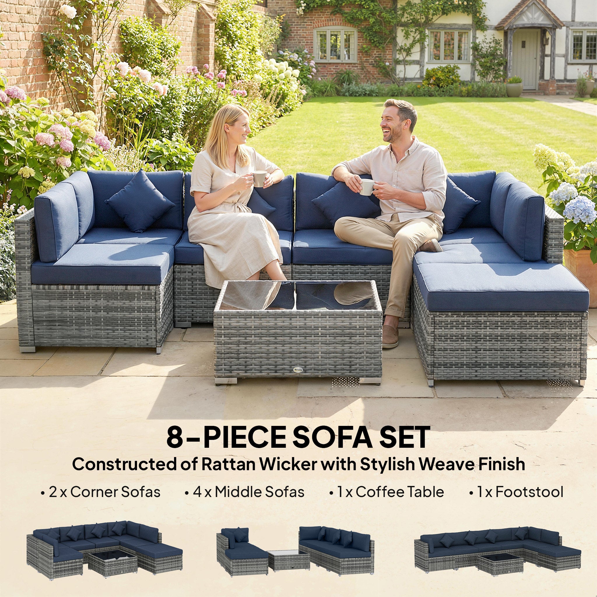 8 Pieces PE Rattan Corner Sofa Set, Outdoor Garden Furniture Set, Patio Wicker Sofa Seater w/ Cushion, Dark Blue