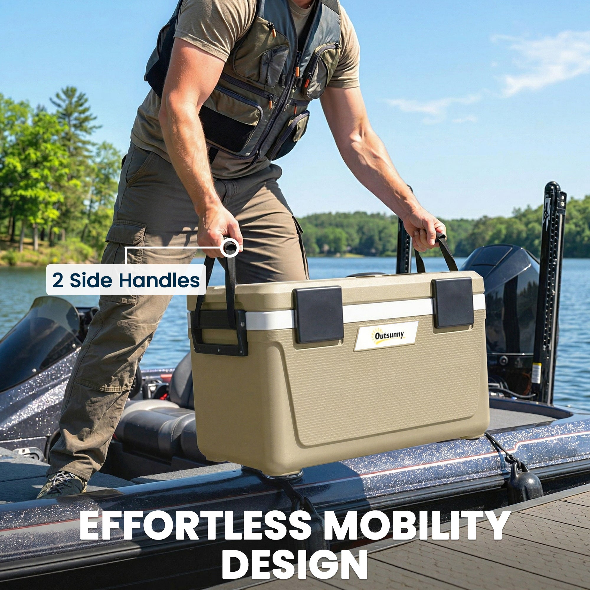 42.6L Insulated Cool Box, Lightweight Portable Ice Cooler with Handle, Lid and Drain Valve, Khaki