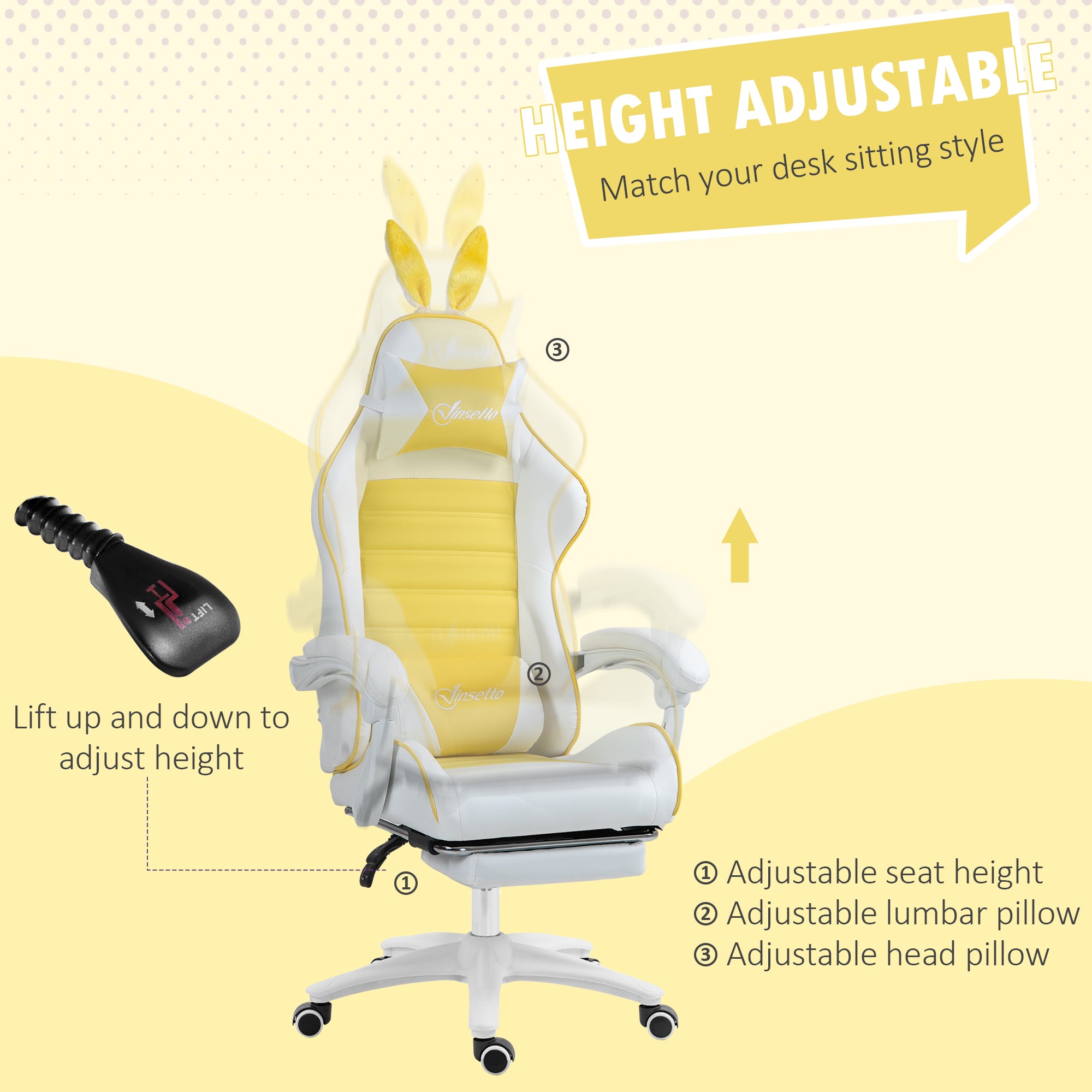 Racing Gaming Chair, Reclining PU Leather Computer Chair with Removable Rabbit Ears, Footrest, Headrest and Lumber Support, Yellow