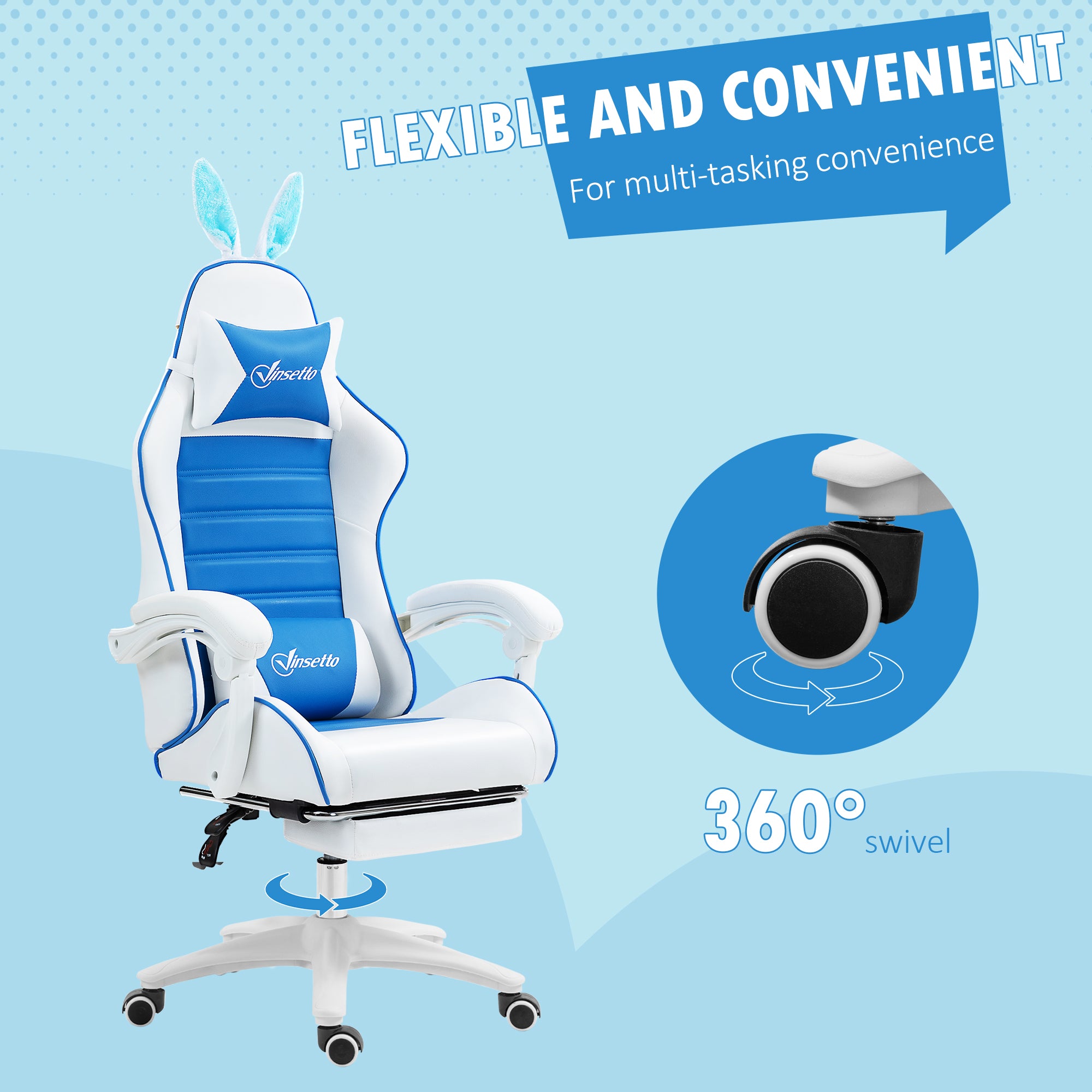 Racing Gaming Chair, Reclining PU Leather Computer Chair with Removable Rabbit Ears, Footrest and Lumber Support, Blue