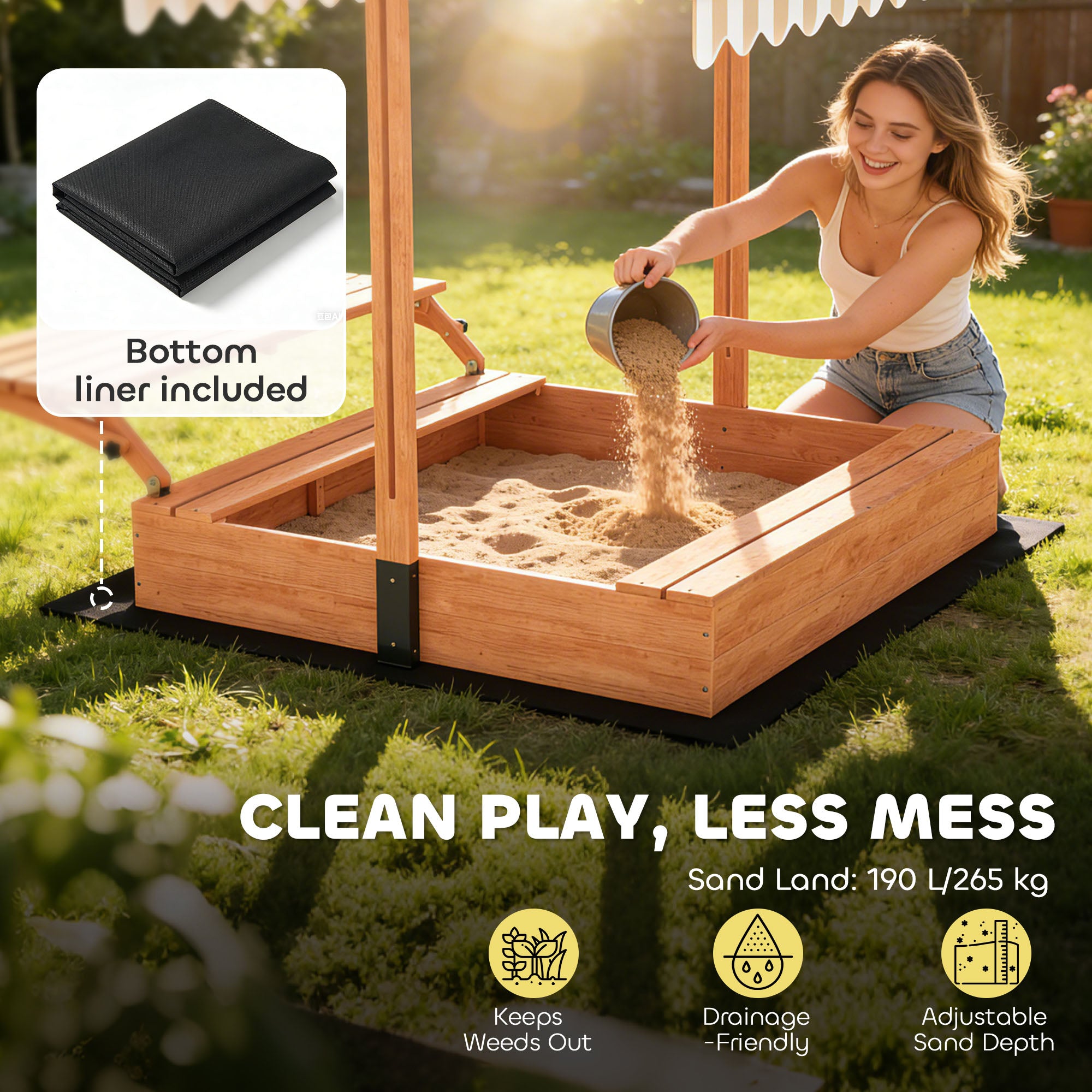 Kids Sand Pit with Lid, Wooden Sandpit with Canopy, Foldable Picnic Table, Bench Seats, Bottom Liner for Patio Garden