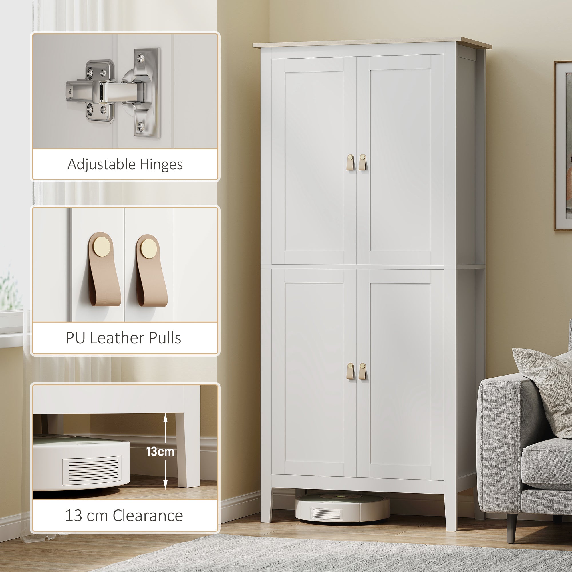 176.5 cm Tall Pantry Cupboard with Motion Sensor LED Light - White
