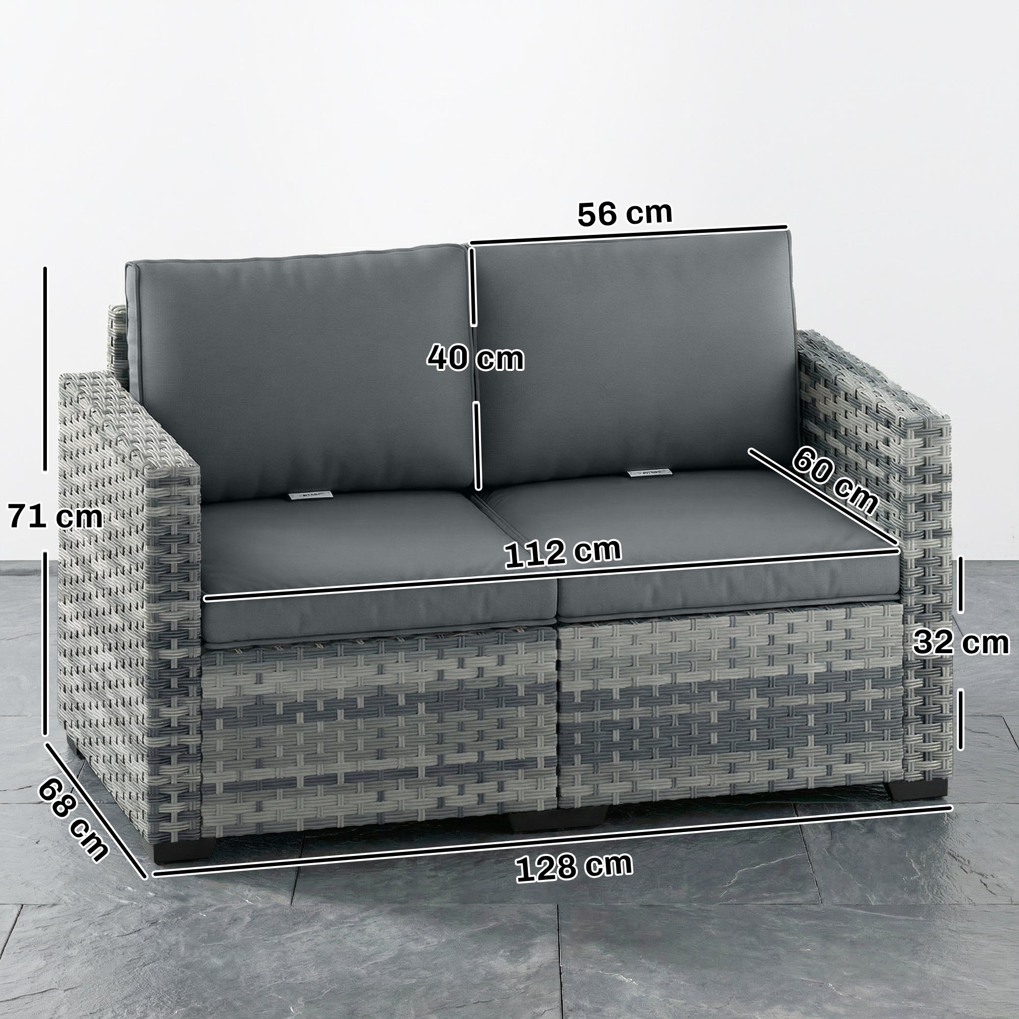 2 Seater Rattan Sofa, Outdoor Garden Sofa with Deep Seat, Cushions, Wide Armrests for Patio, Balcony, Porch, Mixed Grey