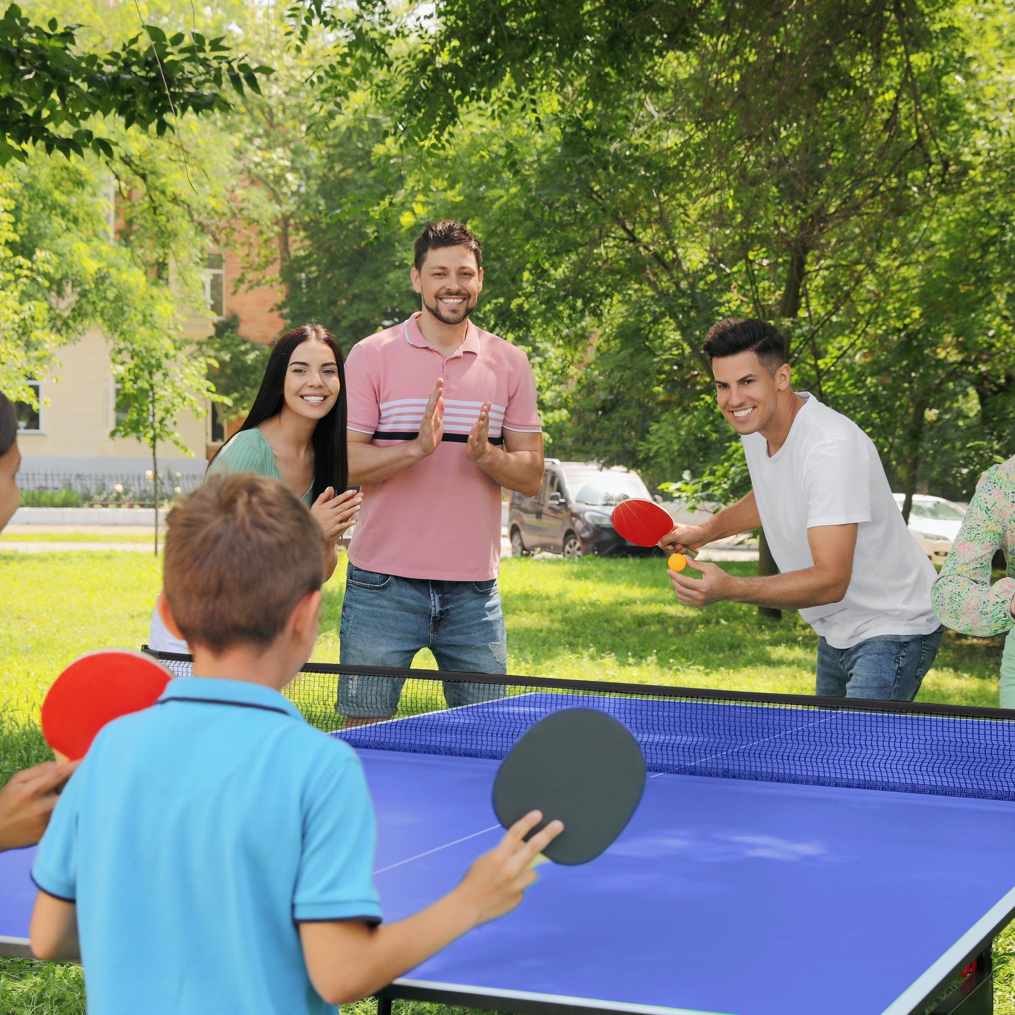 9FT Foldable Table Tennis Table, with Cover, Net, Paddles, Balls - Blue