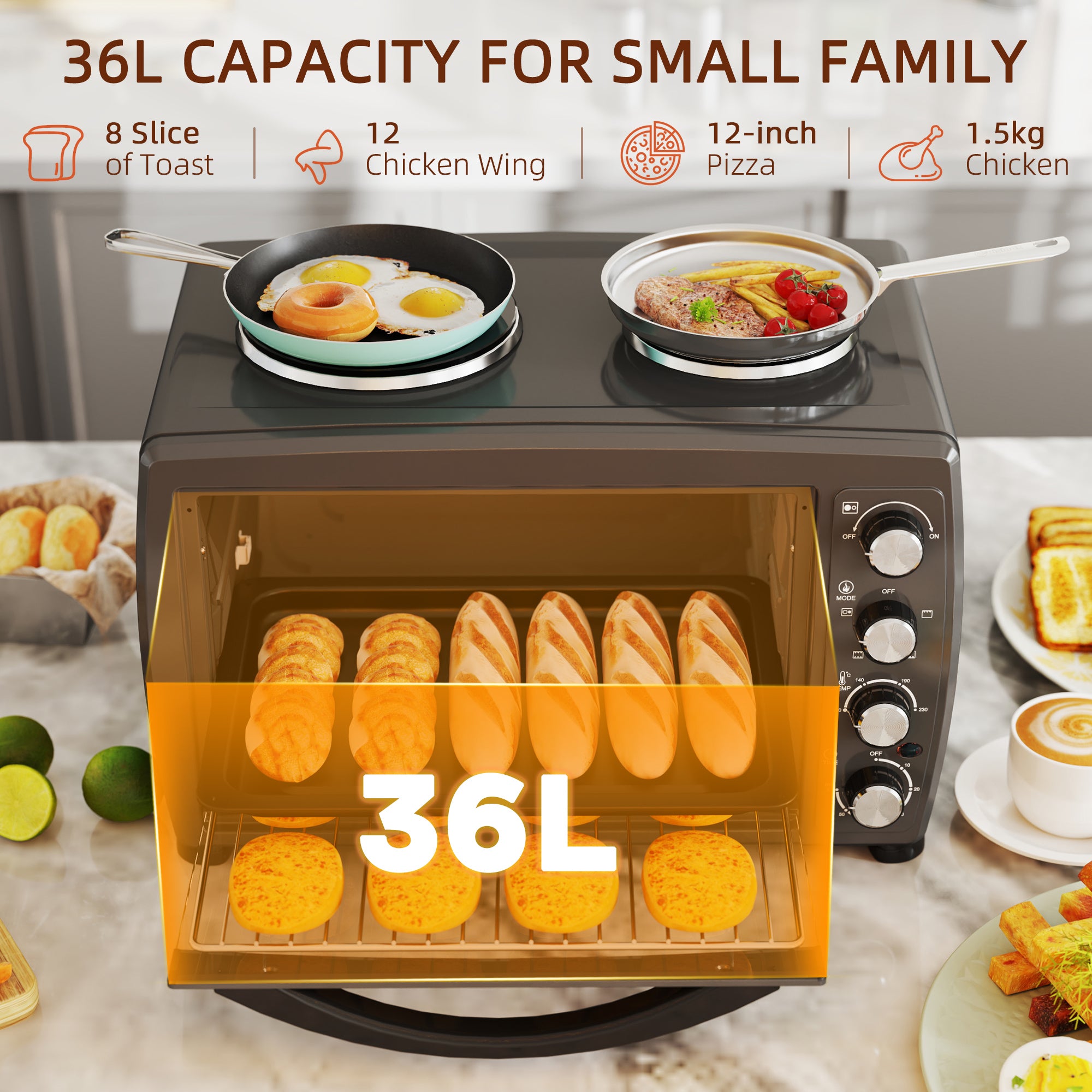 36L Small Oven with 2 Hot Plates, Countertop Toaster Oven, Grill, Roast, Bake, Boil, with Timer, Adjustable Temperature, Electric Oven with Baking Tray, Grill Rack, Crumb Tray, 2600W, Black