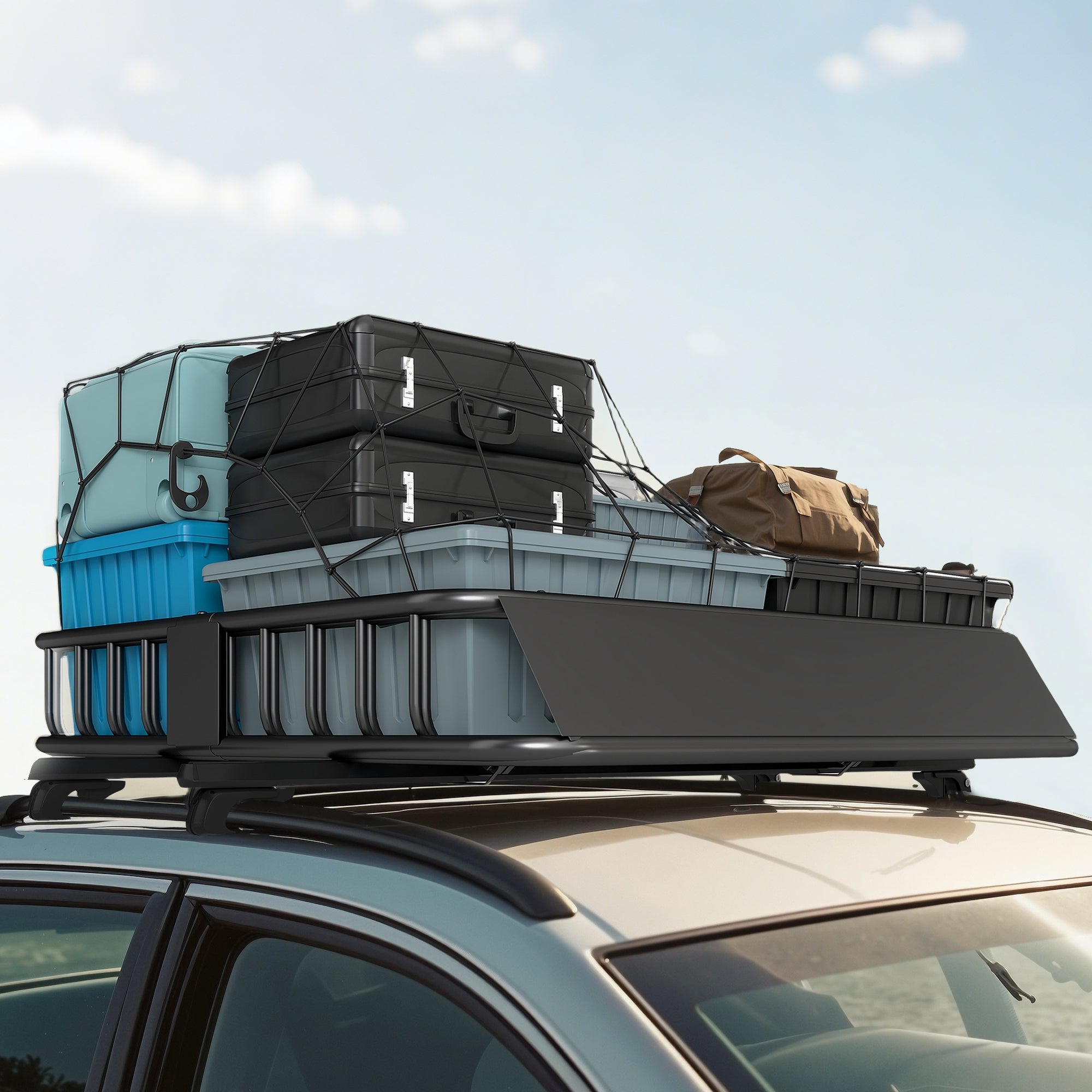 Universal Roof Rack Basket Tray, 90.7 kg Steel Car Rooftop Luggage Cargo Carrier Holder with Wind Fairing, Side Rails for SUVs, Pickups, Sedans, Off-Road Vehicles, 110.5 x 99.5 x 18.5 cm, Black