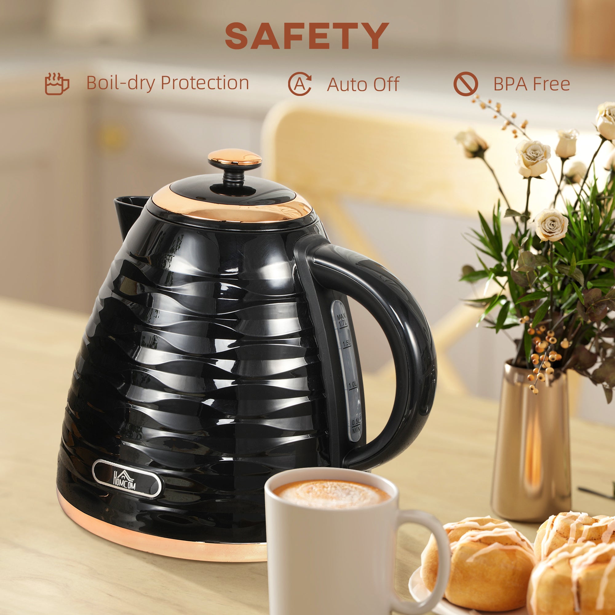 Electric Kettle, 1.7L, Fast Boil, 3kW Water Kettle with Removable Washable Anti-scale Filter, Auto Shut-off, 360° Swivel, BPA Free, Black Water Ripple Texture