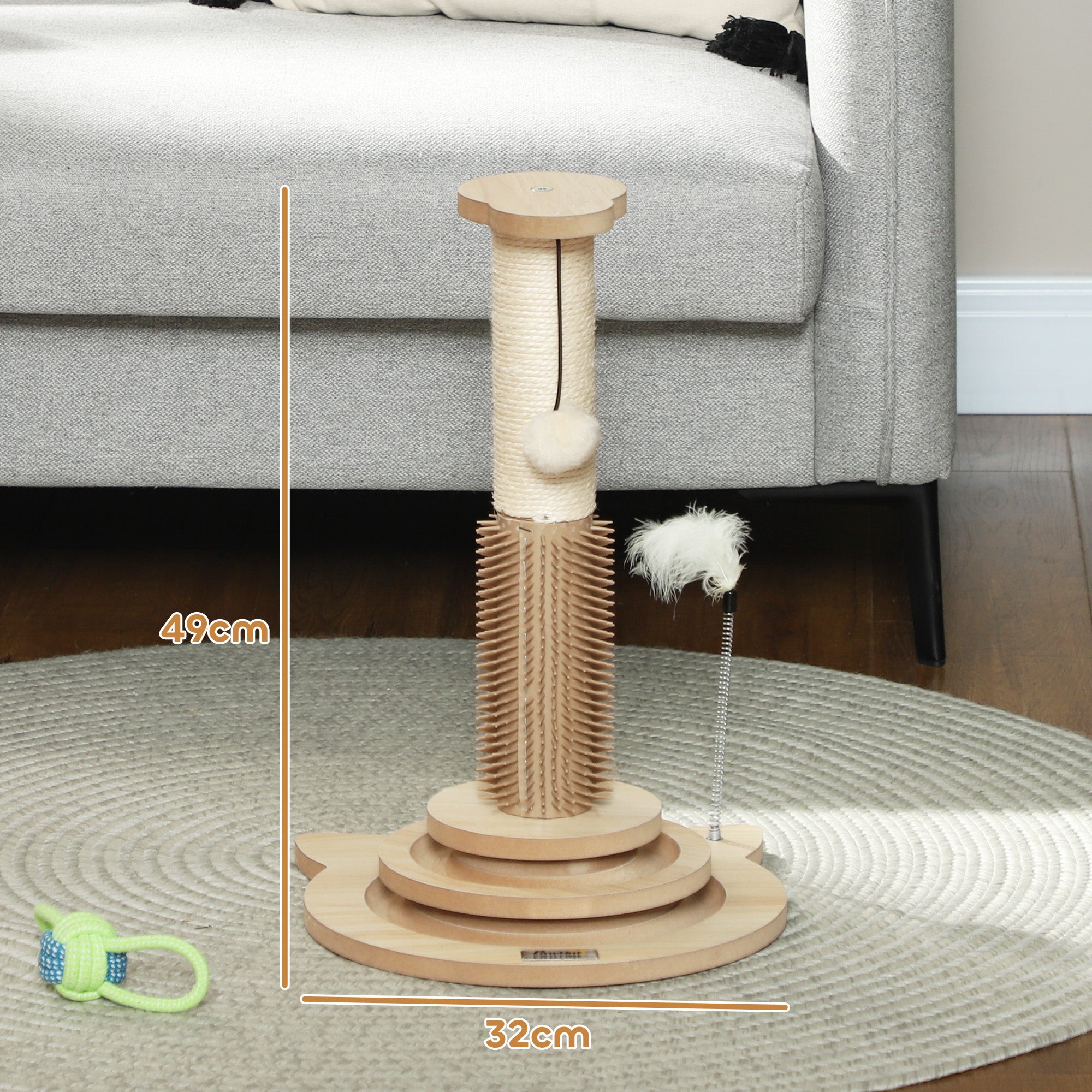 49cm 5 in 1 Cat Scratching Post with Sisal Post, Track Ball, Self Grooming Brush, Hanging Toy Ball, Feather, Oak Tone