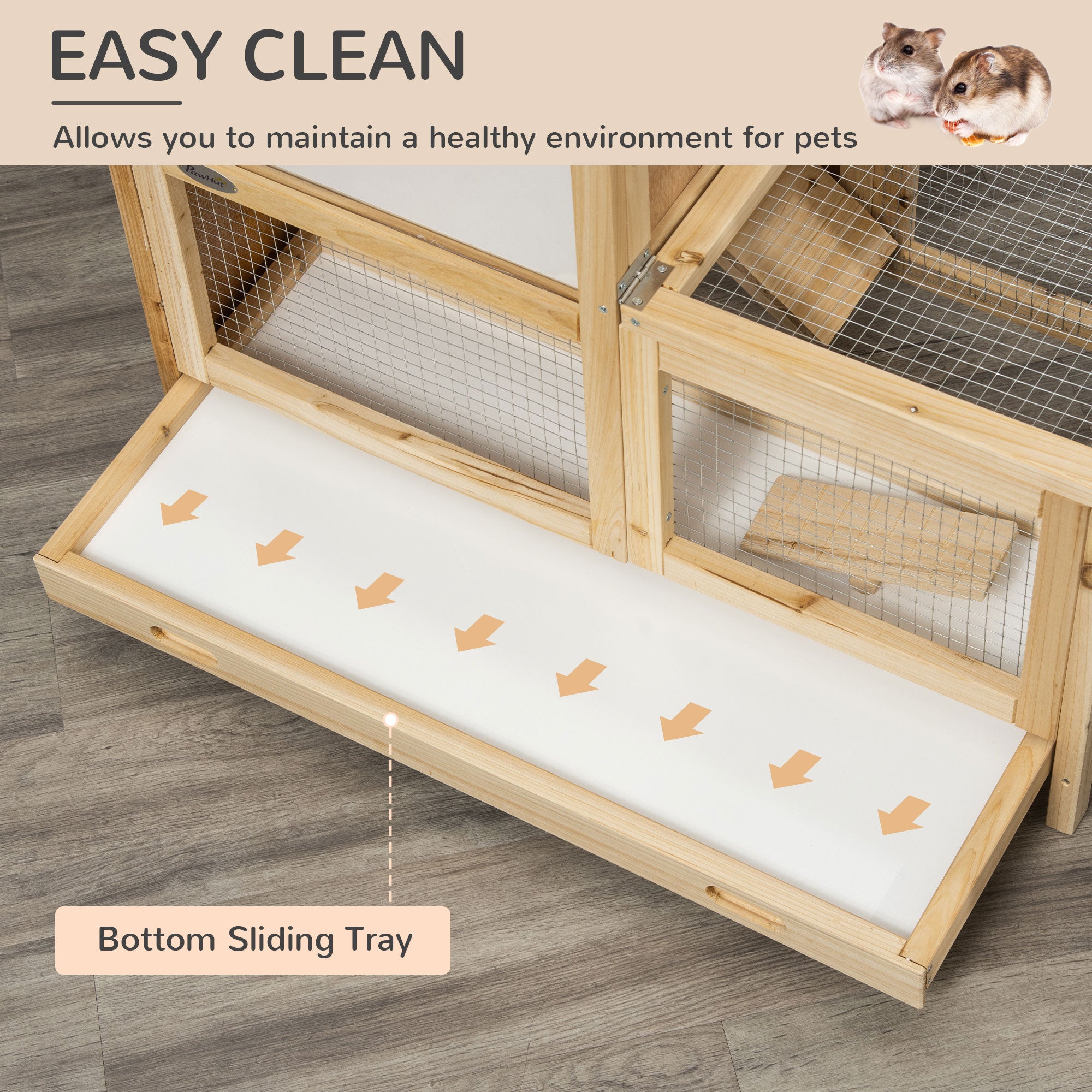 Wooden Hamster Cage with Sliding Tray, 2 Tiers Gerbil Cage Mice Rodent Small Animal Hutch with Run Area, Openable Roofs, Ramp, Seesaw, Running Wheel, 78 x 41.5 x 60 - Natural