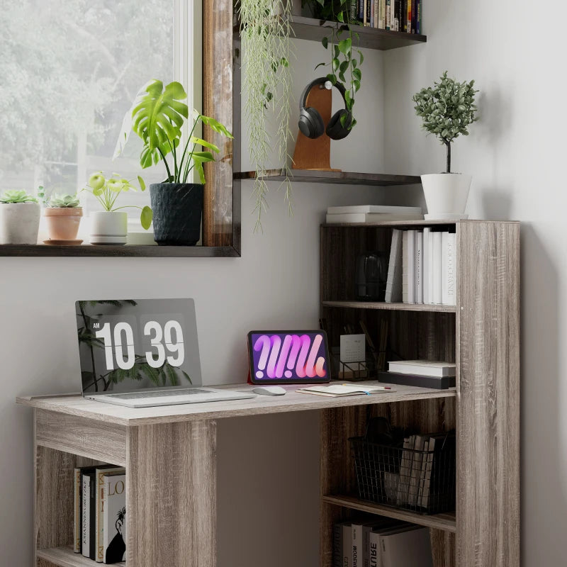 120cm Modern Computer Desk Bookshelf Study Table Workstation PC Laptop Writing Home Office 6 Shelves, Grey Wood-Effect