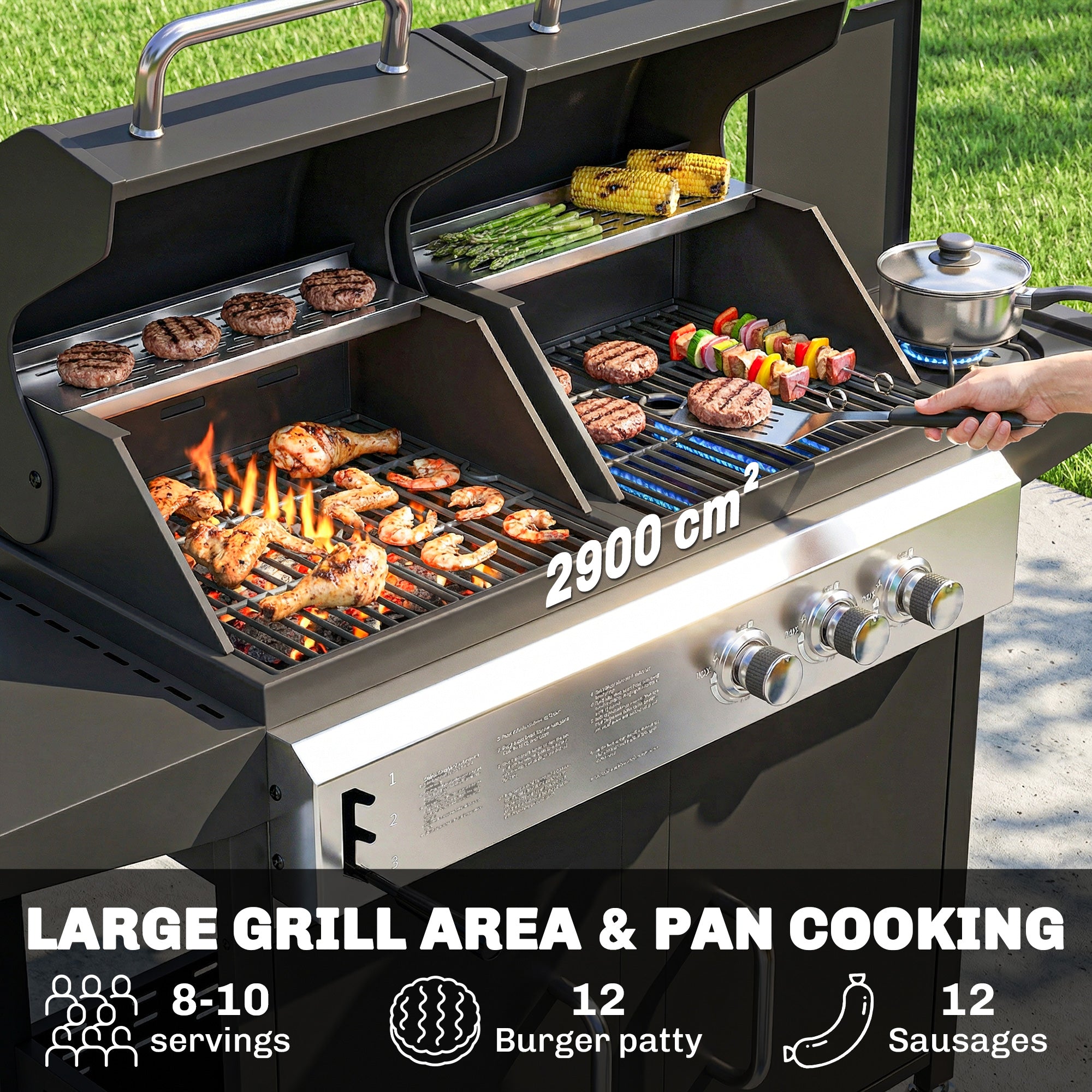 2+1 Burner Hybrid Dual Fuel BBQ Gas Grill, 2-in-1 Propane & Charcoal Barbecue Grill Smoker Combo with Wheels, Black