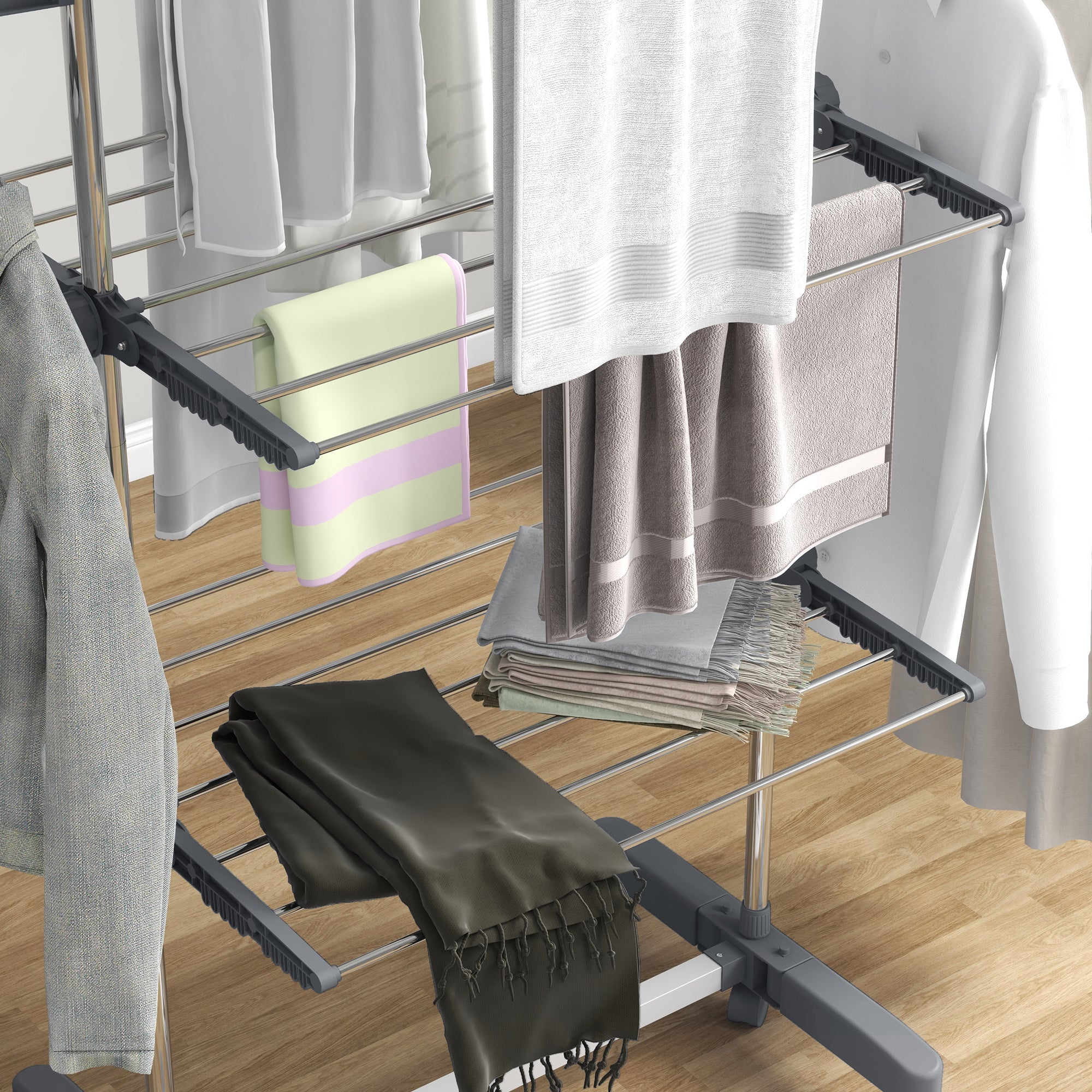 Three-Shelf Collapsing Clothes Horse, With Side Arms and Wheels - Grey