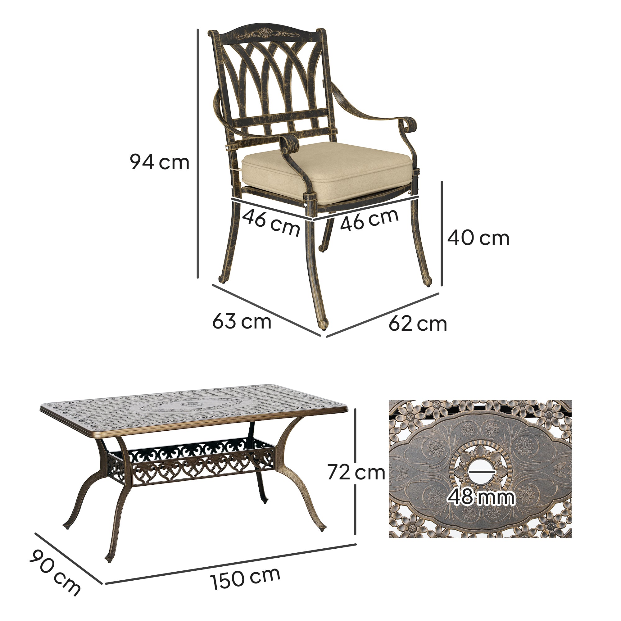7 Piece Cast Aluminium Garden Dining Set with Floral Design - Bronze Tone