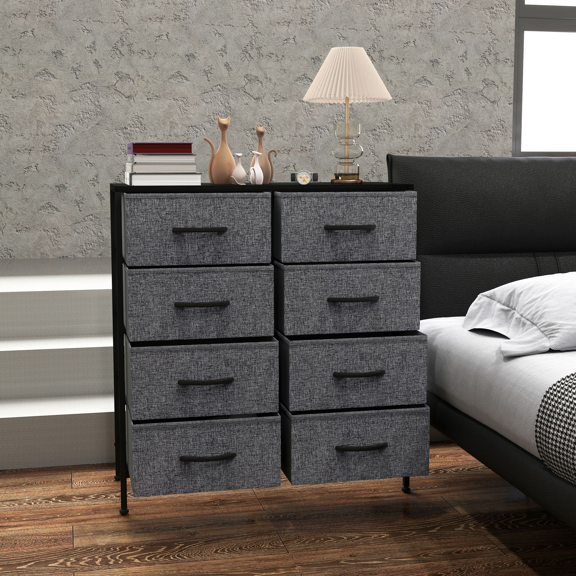 Fabric Chest of Drawers, Storage Drawers, Industrial Bedroom Dresser with 8 Fabric Drawers, Steel Frame and Wooden Top for Nursery, Living Room, Hallway, Black