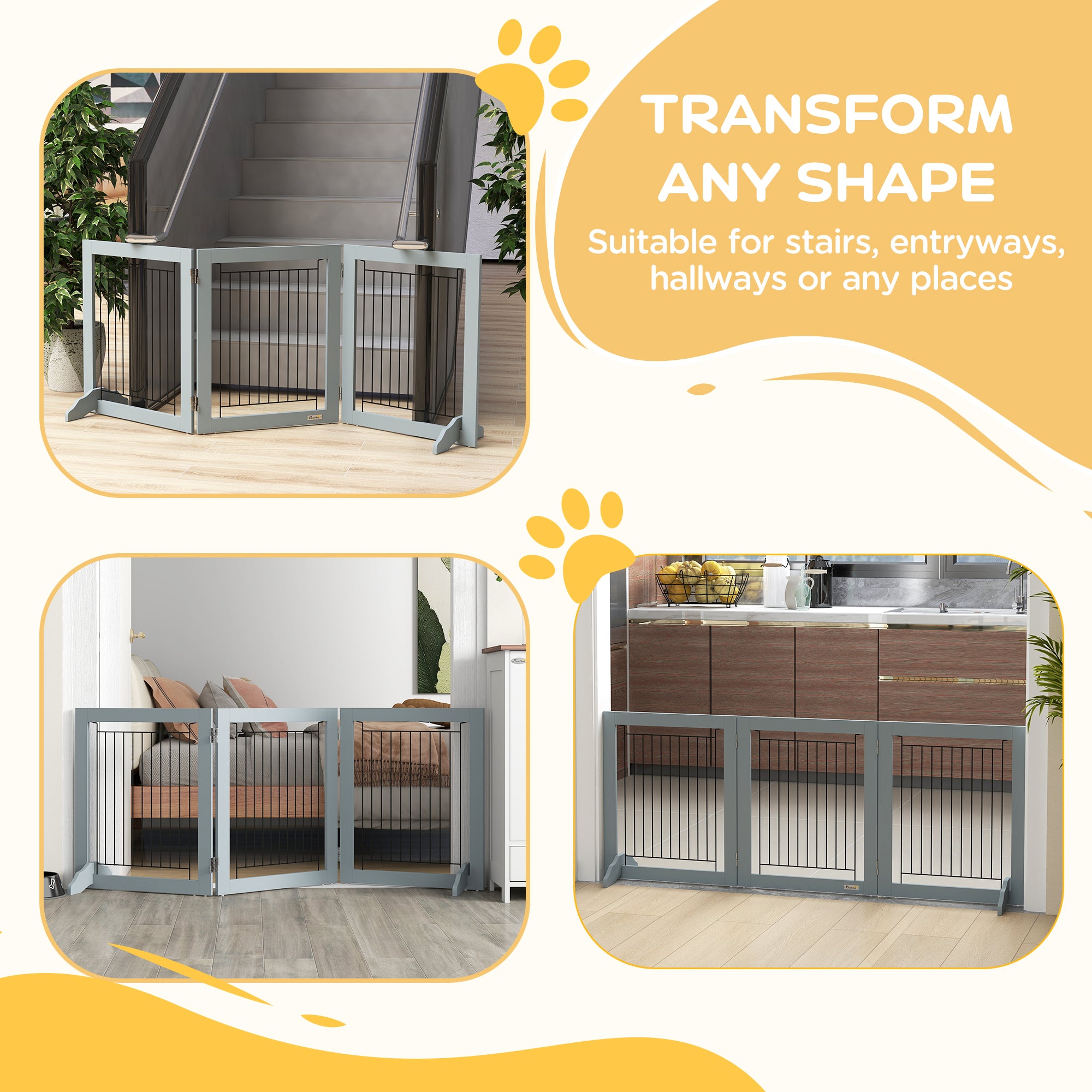 Foldable Three-Panel Pet Gate with Two Support Feet - Grey