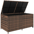 650L Garden Storage Box with 2 Wheels, Rattan Deck Box with Waterproof Zipped Liner, Safe Pneumatic Rods, Mixed Brown