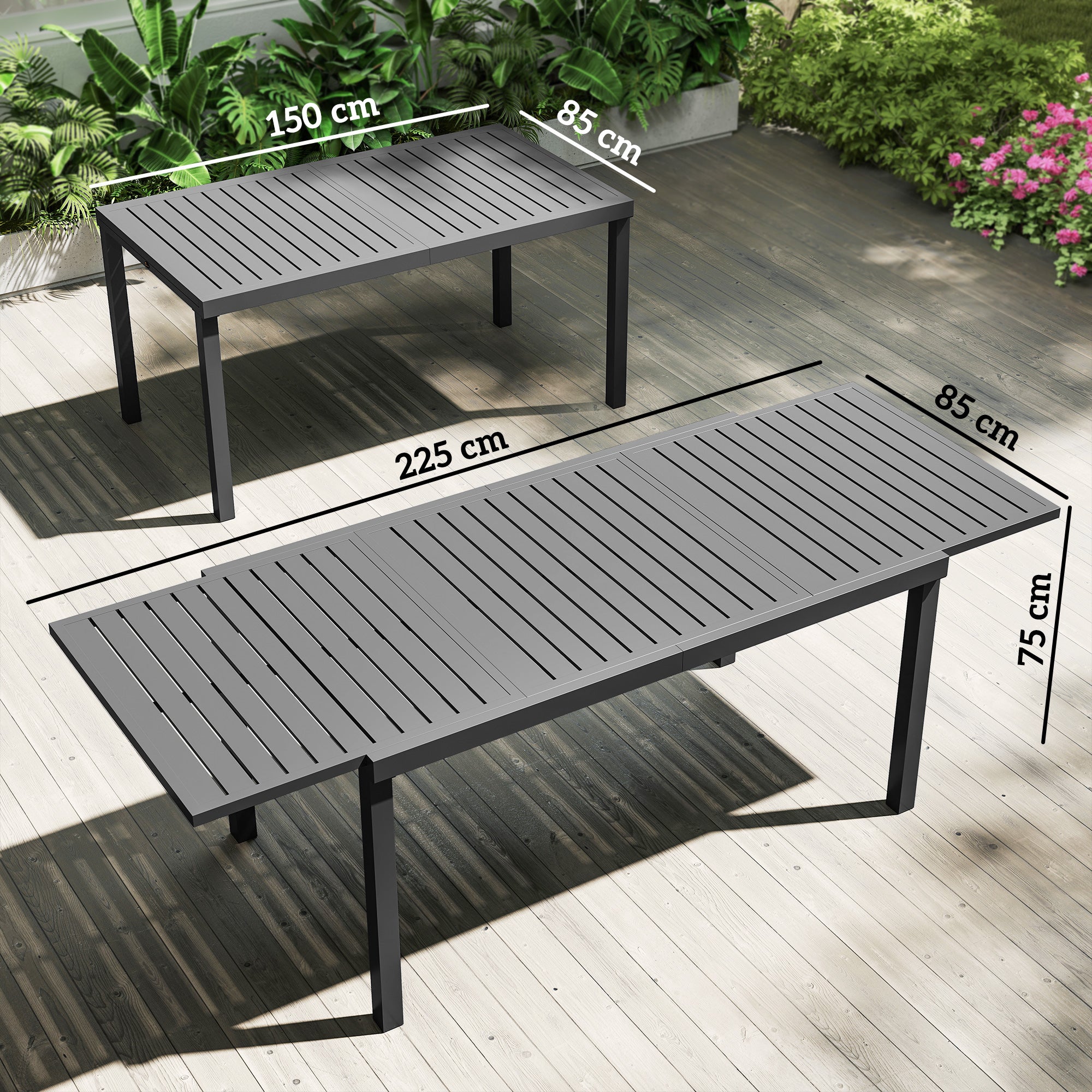 Extending Garden Table for 6-8 People, Full Aluminium Outdoor Dining Table with Slatted Top, Dark Grey