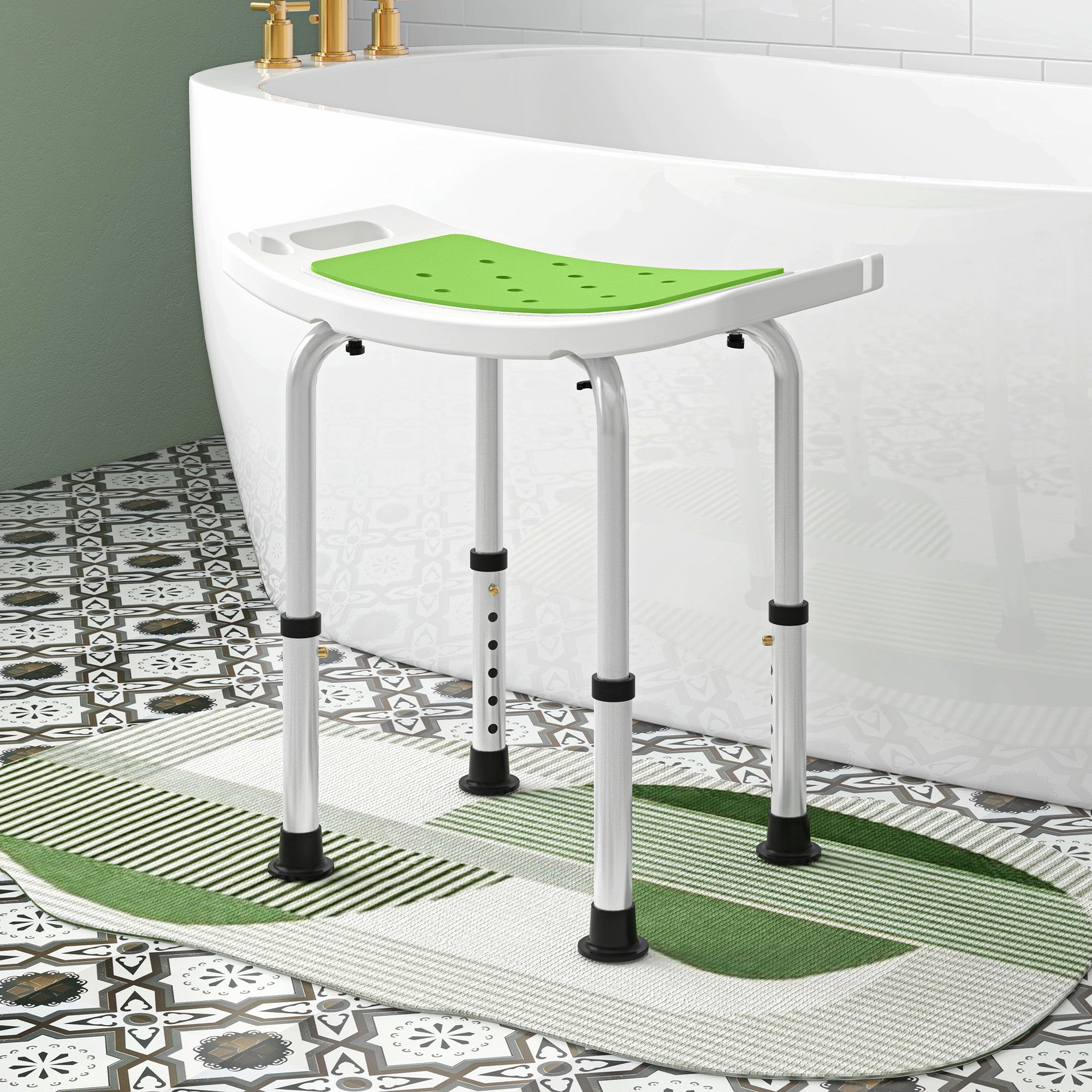 6-Level Height Adjustable Aluminium Bath Room Stool Chair Shower Non-Slip Design w/ Padded Seat Drainage Holes Foot Pad, Green